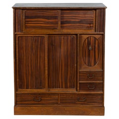 Japanese 19th Century Zebra Wood Cabinet with Sliding Doors, Panel and Drawers