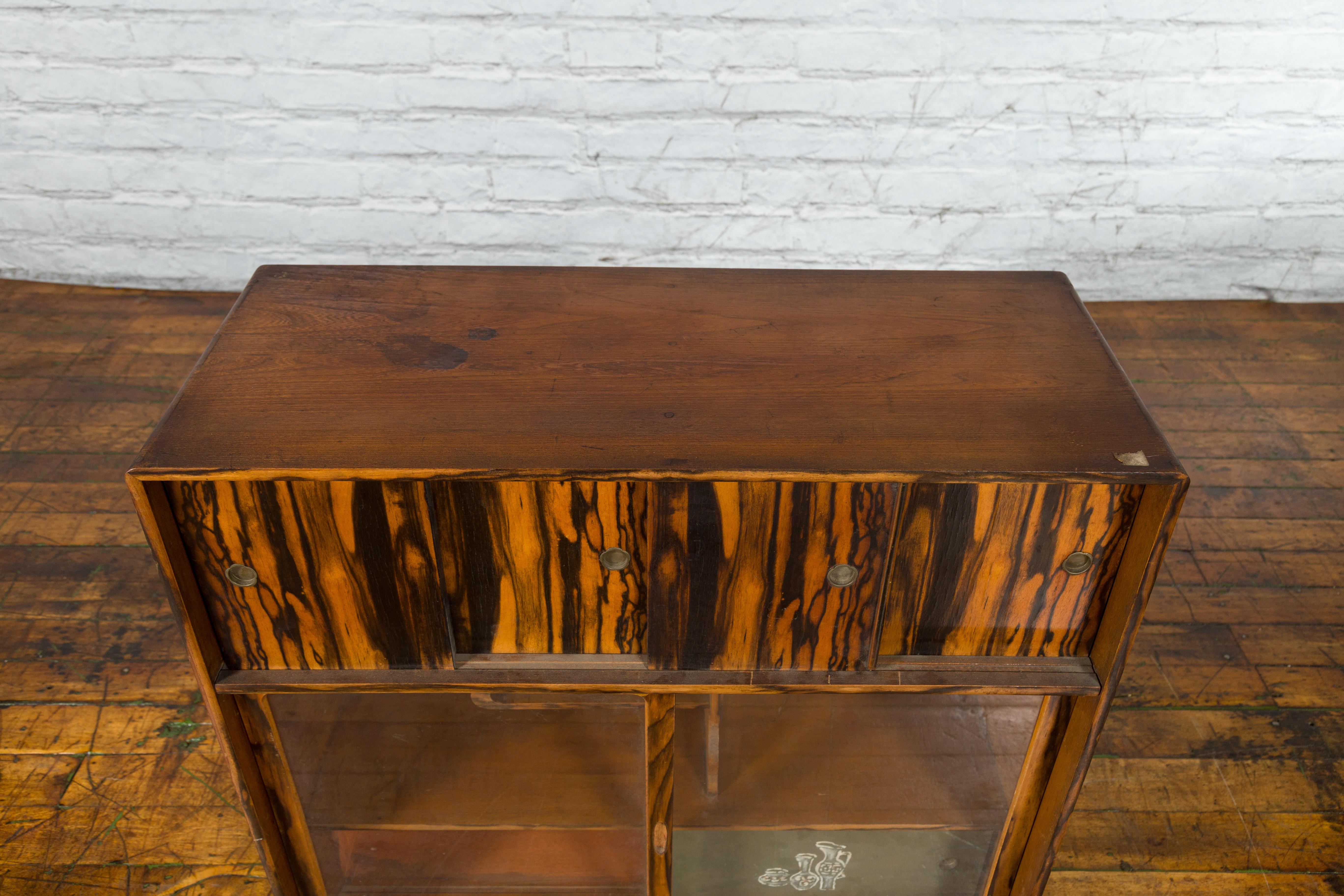 Japanese 19th Century Zebra Wood Tansu Chest with Sliding Doors and Open Shelves For Sale 7