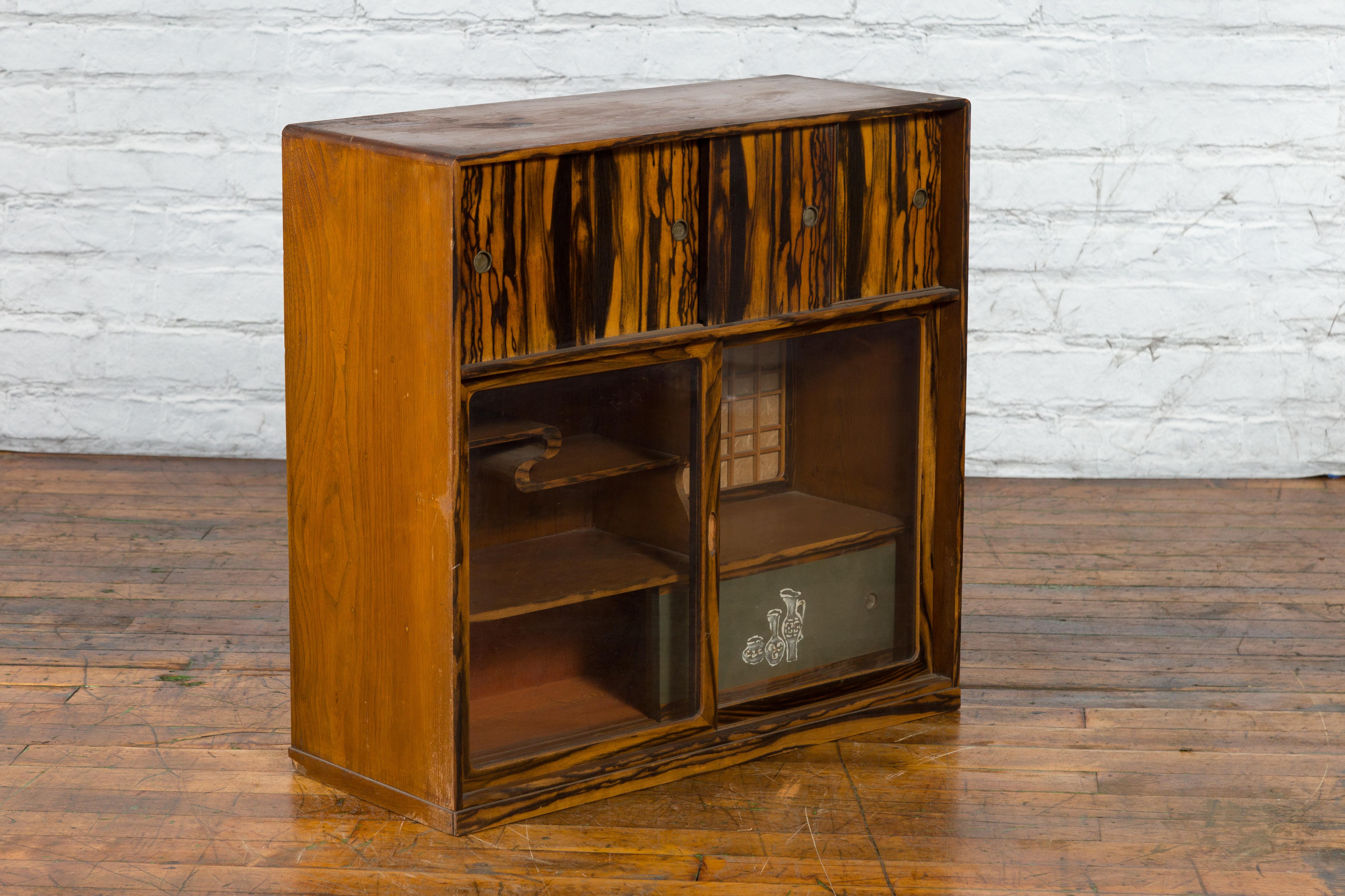 Japanese 19th Century Zebra Wood Tansu Chest with Sliding Doors and Open Shelves For Sale 8