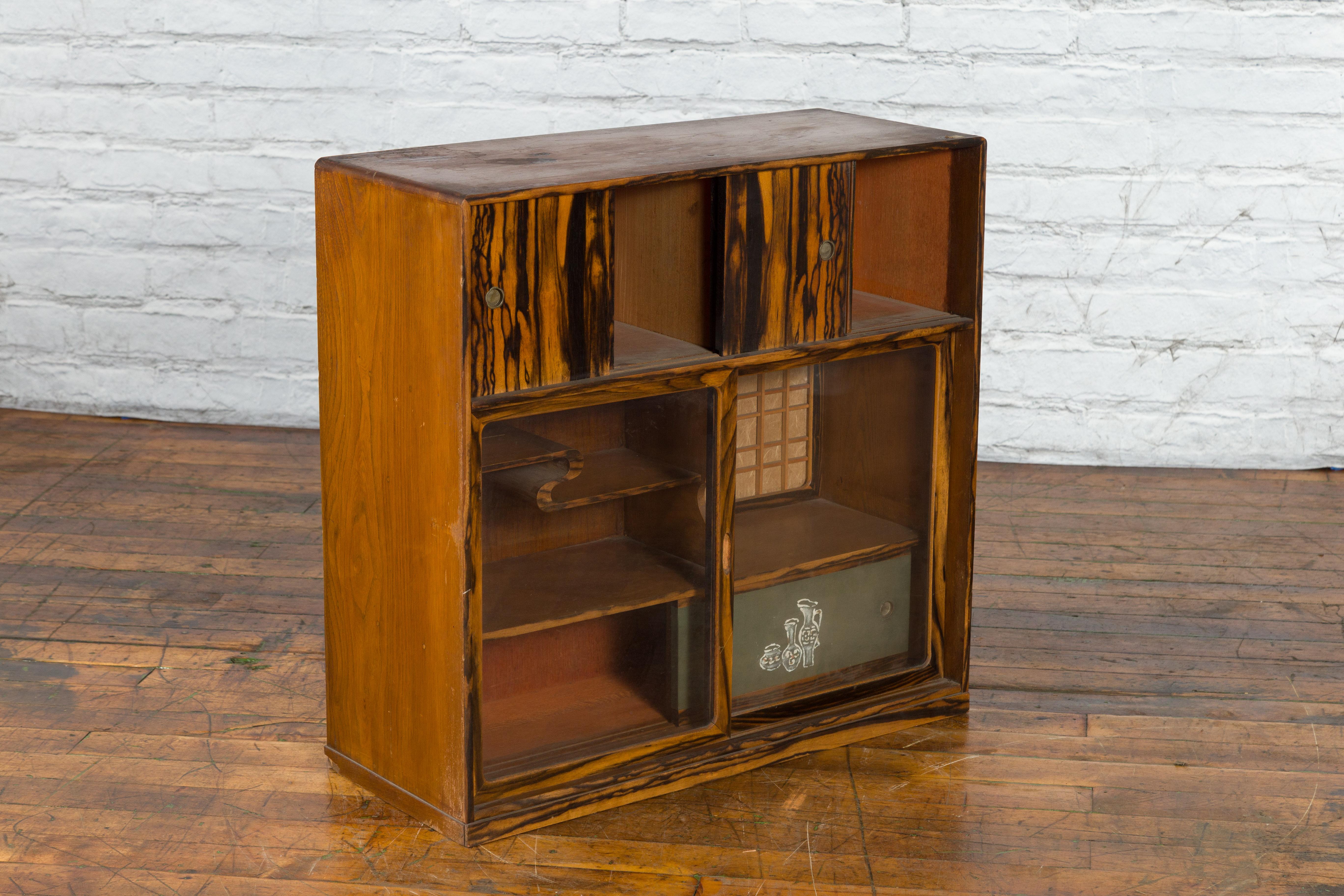 Japanese 19th Century Zebra Wood Tansu Chest with Sliding Doors and Open Shelves For Sale 9