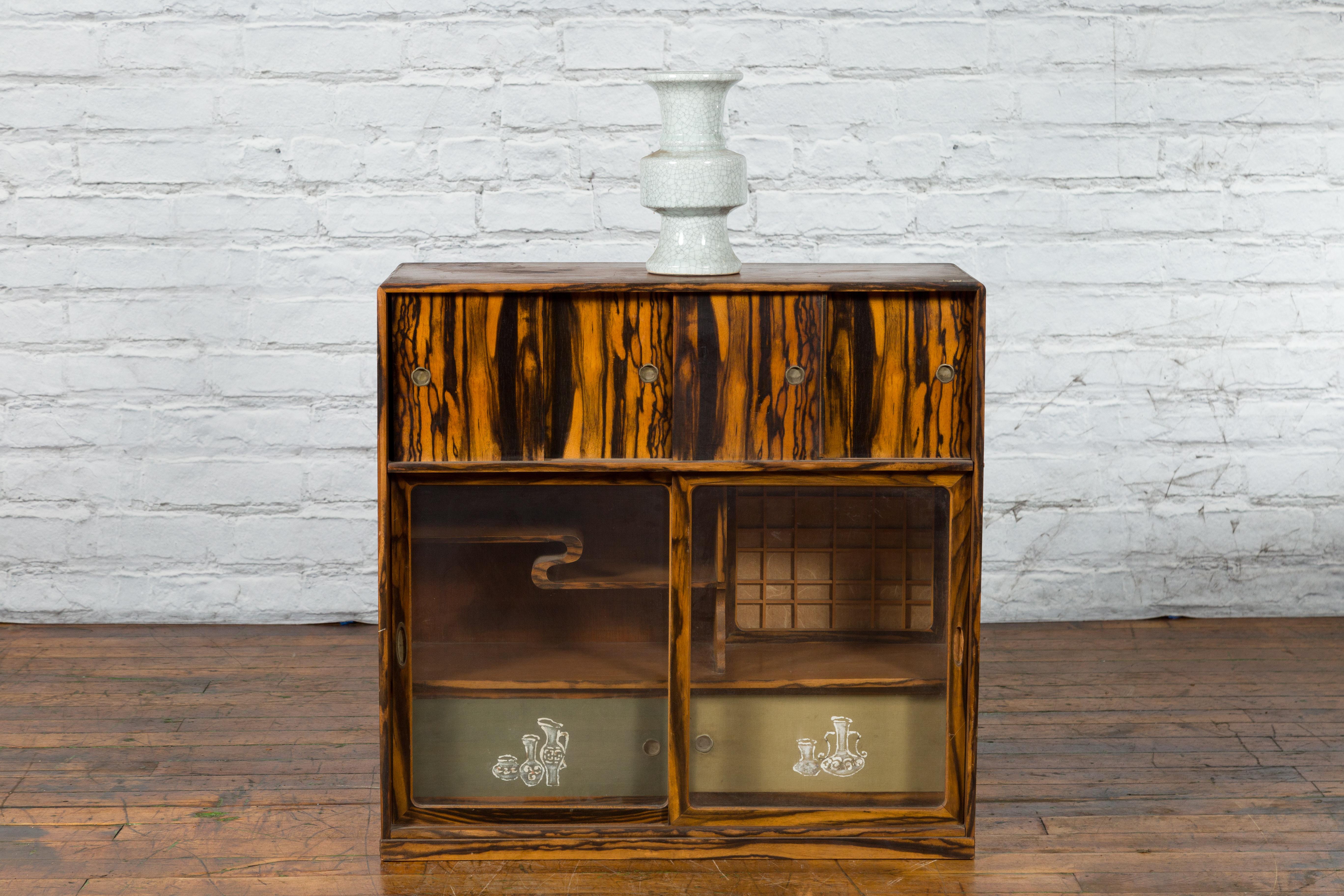 Japanese 19th Century Zebra Wood Tansu Chest with Sliding Doors and Open Shelves For Sale 13
