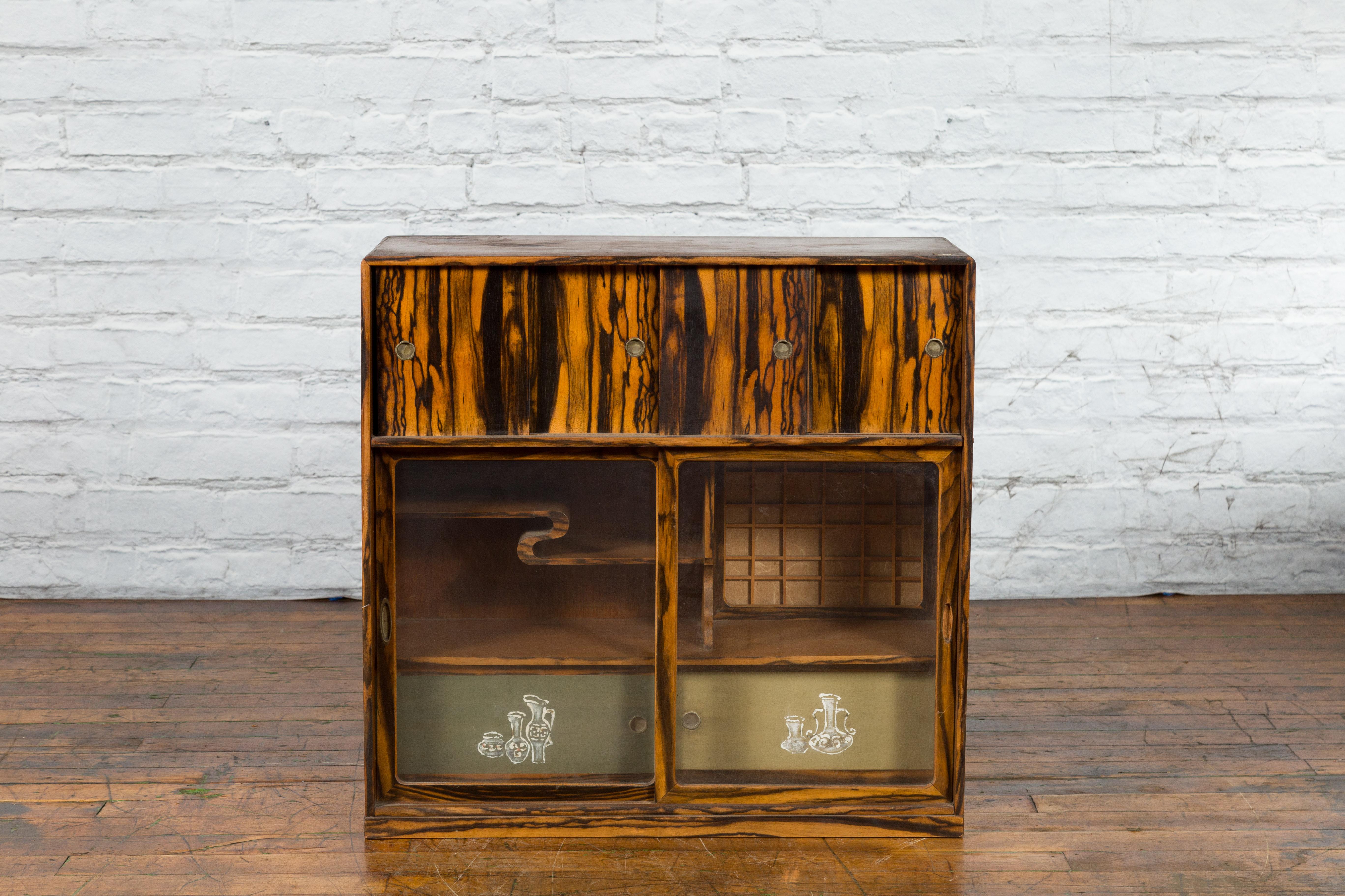 Japanese 19th Century Zebra Wood Tansu Chest with Sliding Doors and Open Shelves For Sale 14