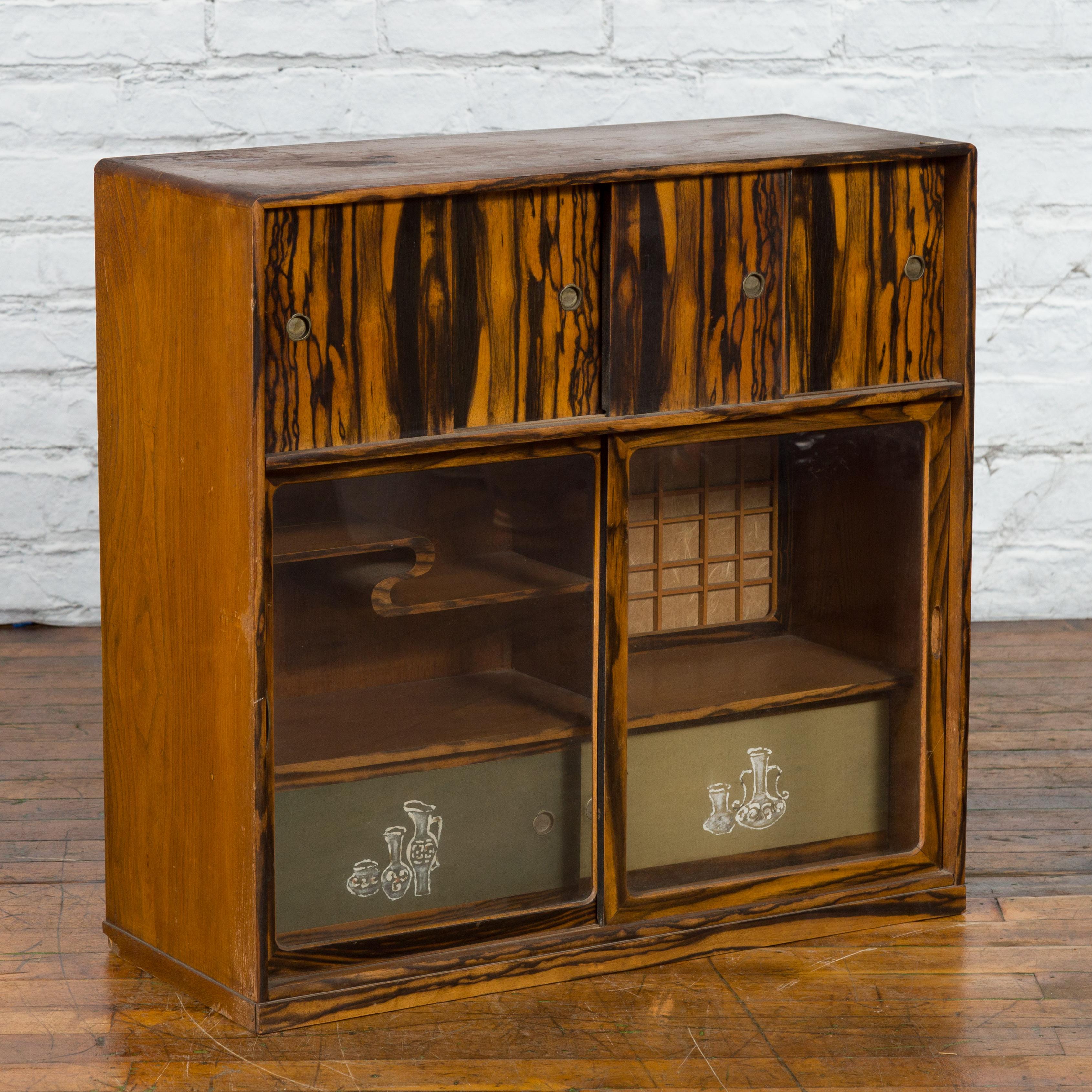 Japanese 19th Century Zebra Wood Tansu Chest with Sliding Doors and Open Shelves For Sale 14