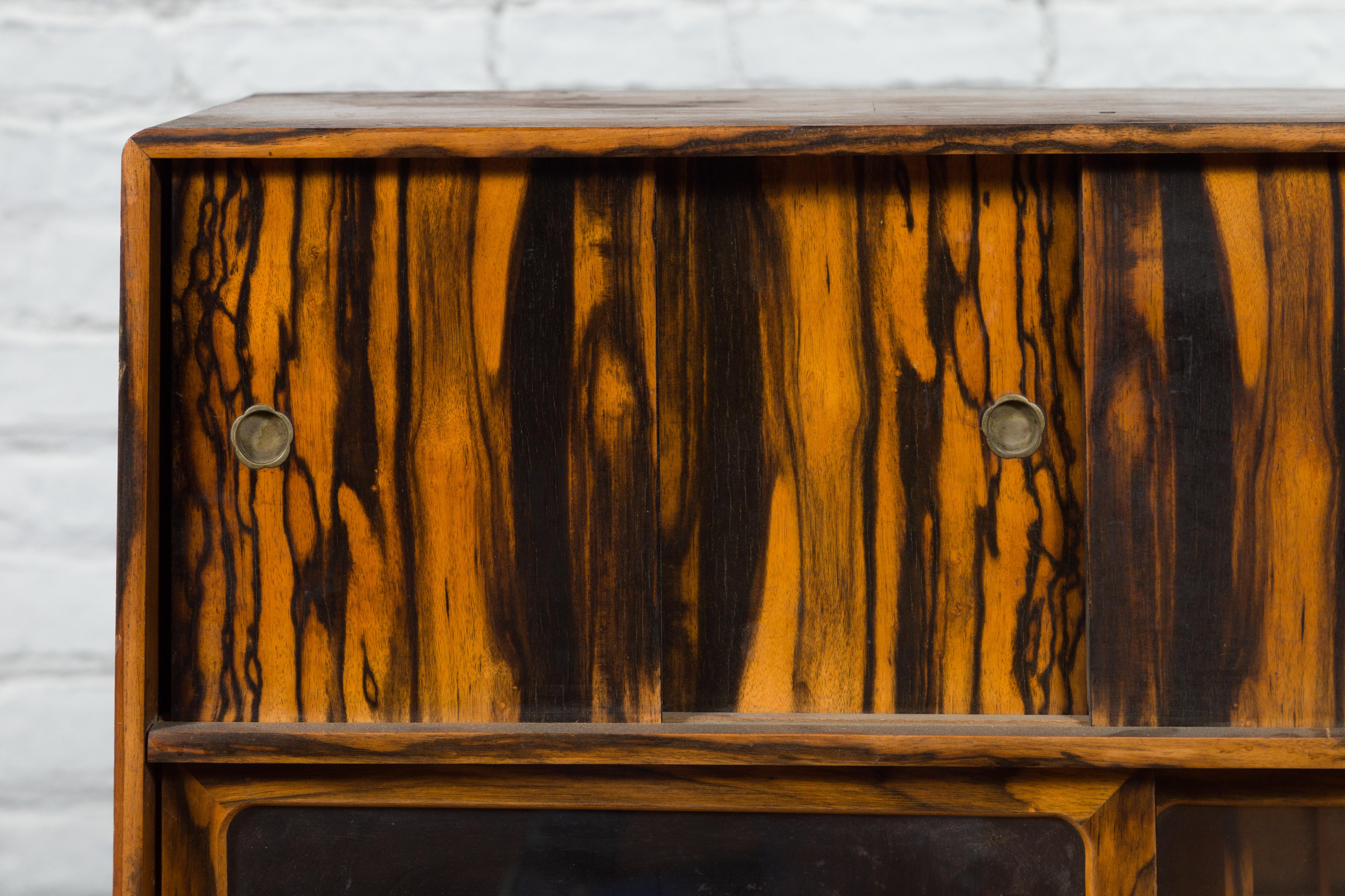 Japanese 19th Century Zebra Wood Tansu Chest with Sliding Doors and Open Shelves For Sale 2