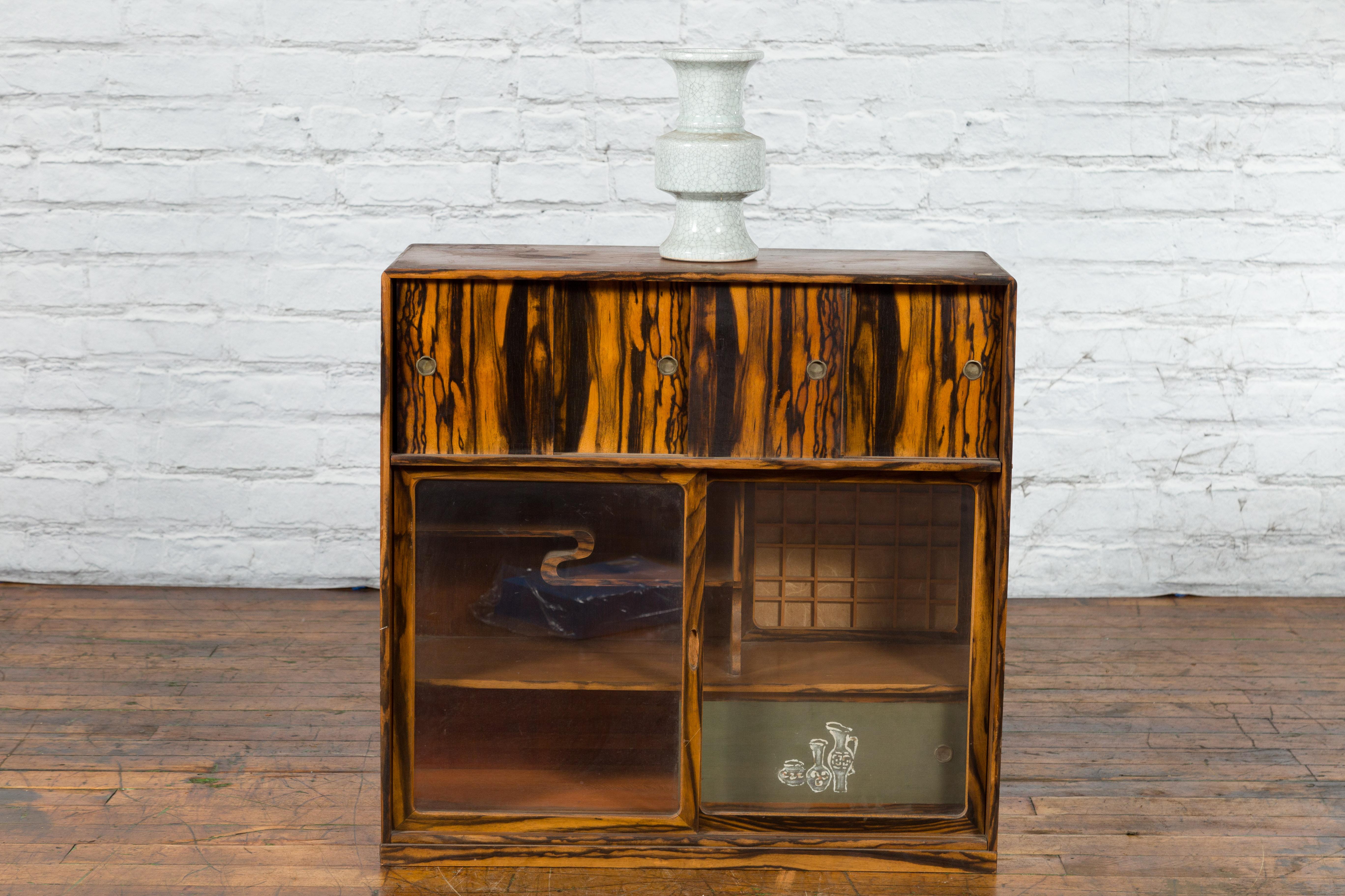 Japanese 19th Century Zebra Wood Tansu Chest with Sliding Doors and Open Shelves For Sale 5