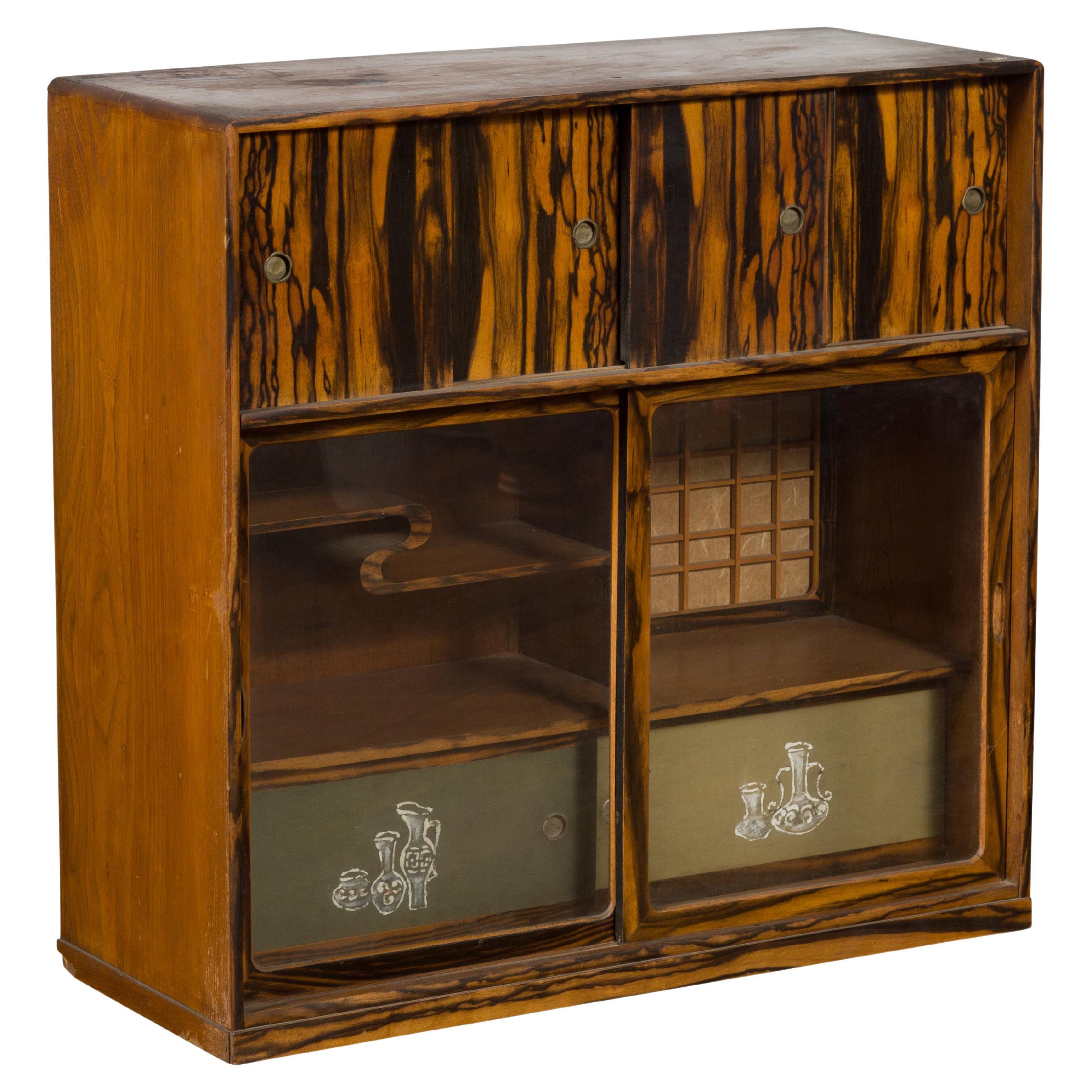 Japanese 19th Century Zebra Wood Tansu Chest with Sliding Doors and Open Shelves For Sale