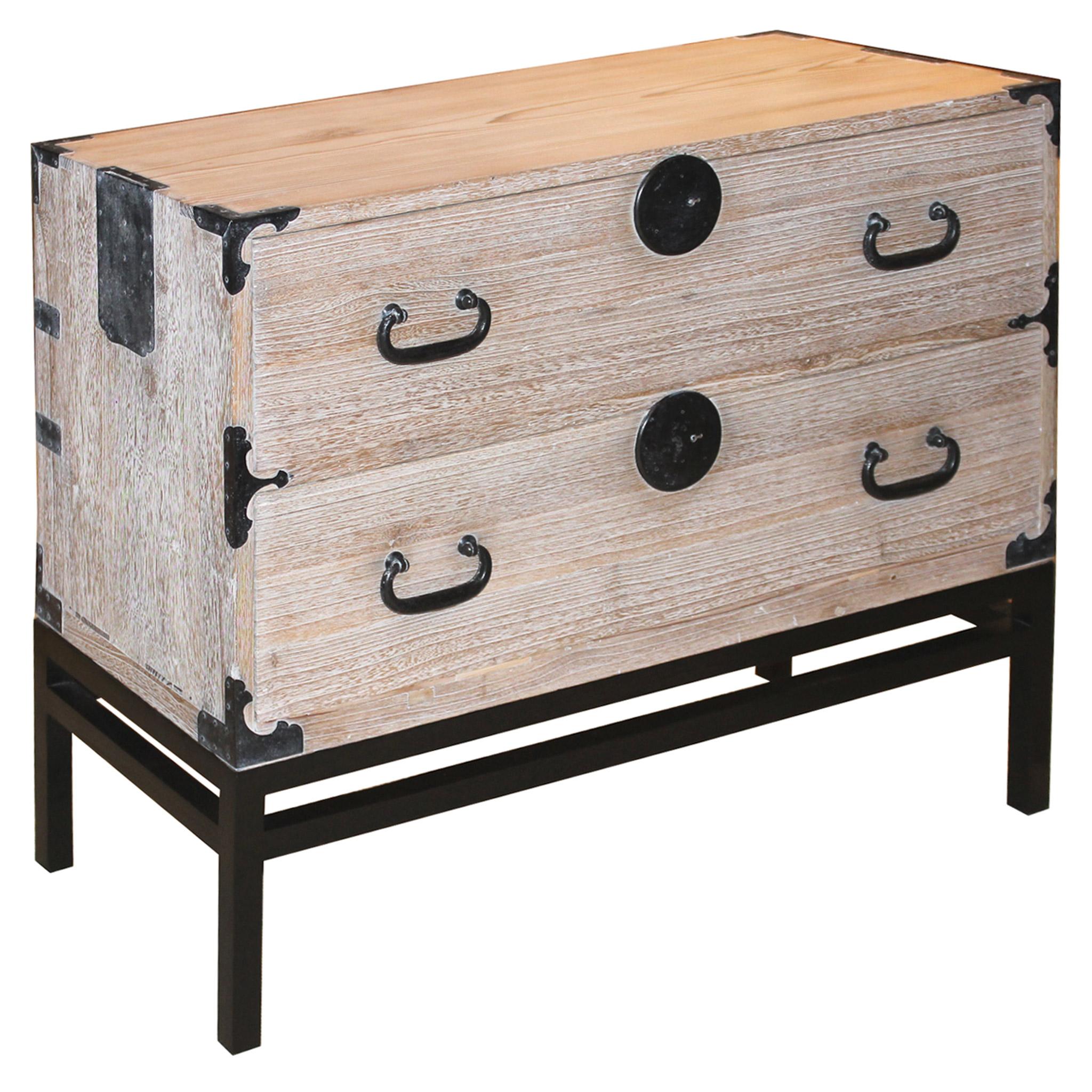 Japanese tansu has been transformed by white wax for a contemporary look for a modern home. Original the top portion of a 2 section clothing chest with original hand-forged iron hardware. Now on a custom made black lacquer wood stand. Use as a