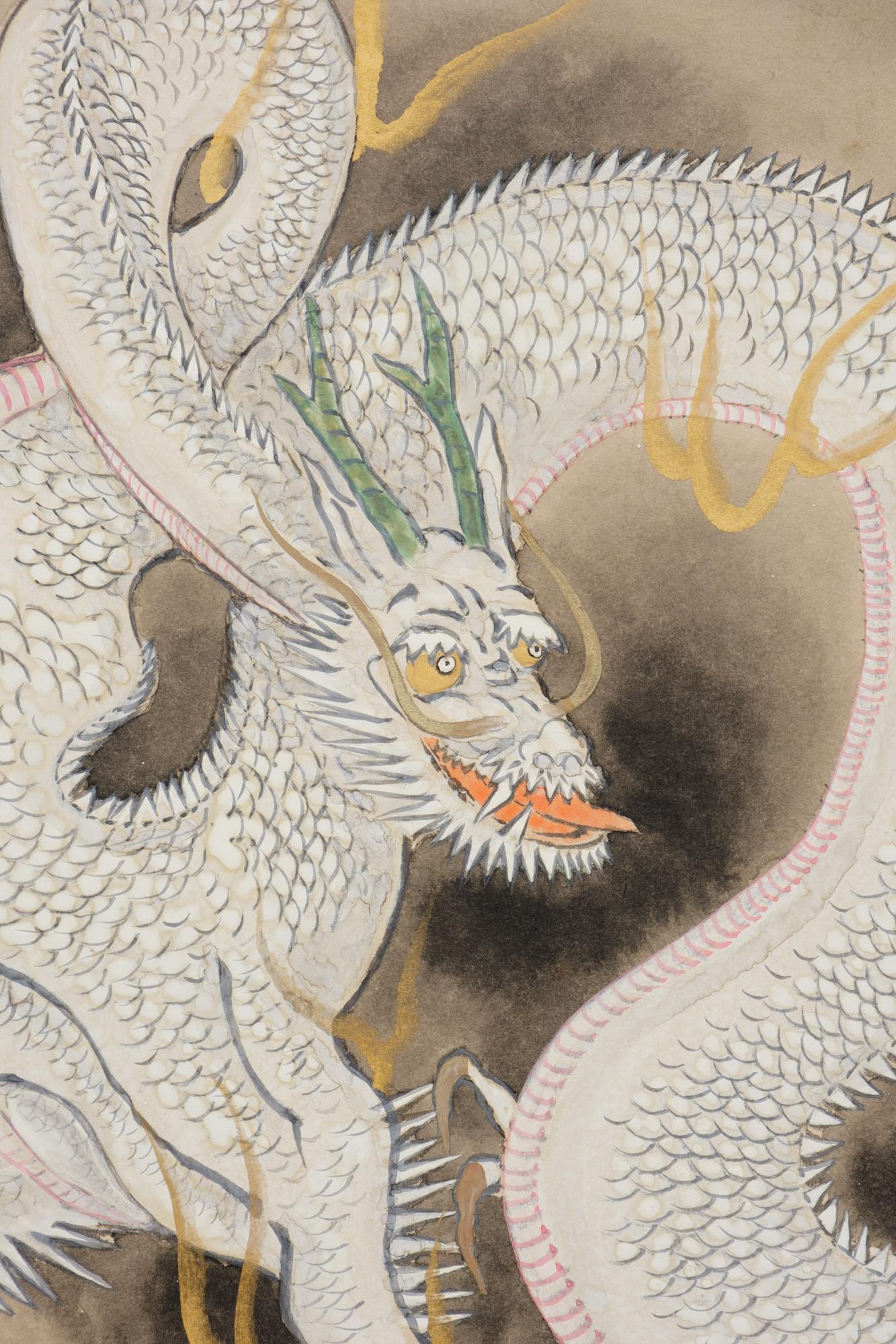 Hand-Painted Japanese 2-Panel Furosaki’byôbu 風炉先屏風 'Tea-Ceremony Folding Screen' with Dragons