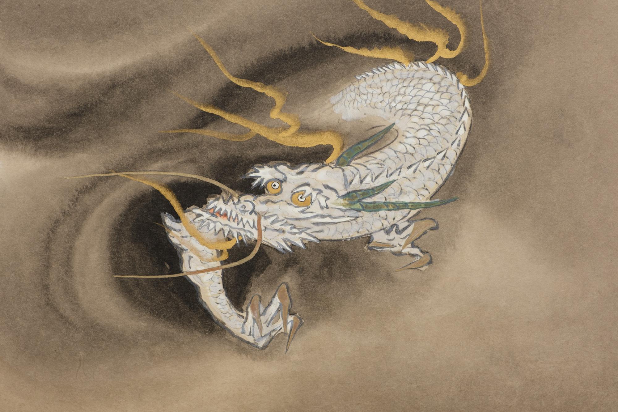 Japanese 2-Panel Furosaki’byôbu 風炉先屏風 'Tea-Ceremony Folding Screen' with Dragons 2