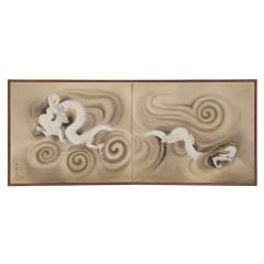 Antique Japanese 2-Panel Furosaki’byôbu 風炉先屏風 'Tea-Ceremony Folding Screen' with Dragons