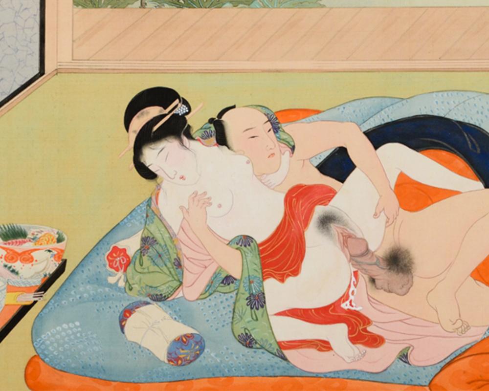 Japanese 2-Panel 'Shunga' Screen with Finely Painted Erotic Depictions of Lovers For Sale 1