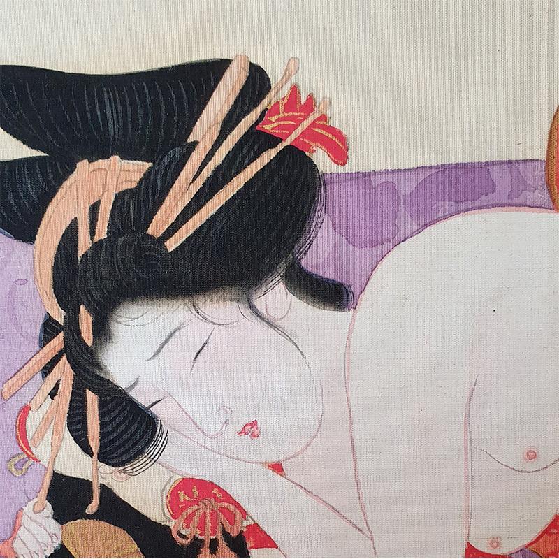 Japanischer 2-teiliger japanischer Raumteiler „Shunga“ mit fein bemalten erotischen Darstellungen von Liebhabern im Angebot 4