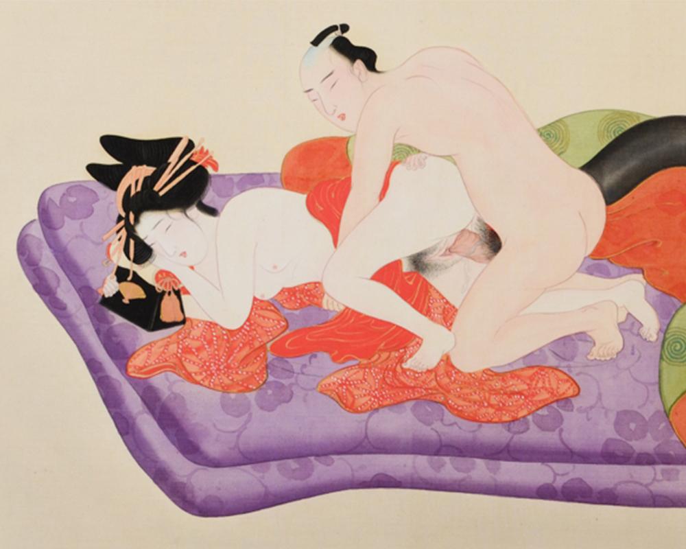 Japanischer 2-teiliger japanischer Raumteiler „Shunga“ mit fein bemalten erotischen Darstellungen von Liebhabern im Angebot 5