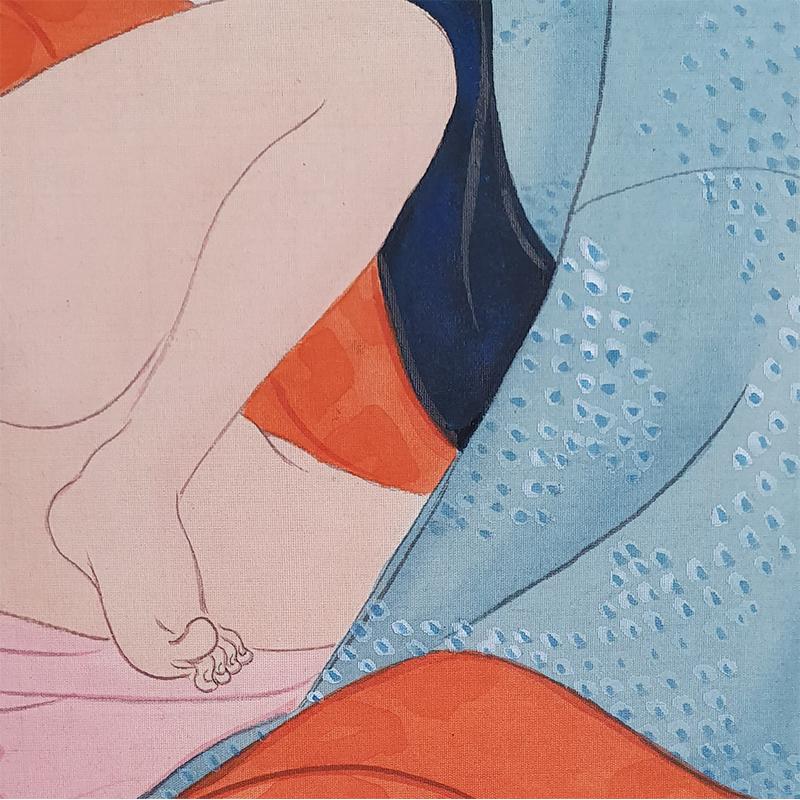 Japanischer 2-teiliger japanischer Raumteiler „Shunga“ mit fein bemalten erotischen Darstellungen von Liebhabern (Handbemalt) im Angebot