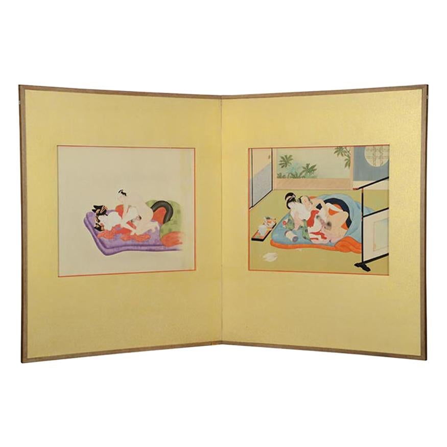 Japanese 2-Panel 'Shunga' Screen with Finely Painted Erotic Depictions of Lovers