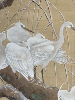 Japanese Two-Panel Screen with Snow Cranes on a Willow Tree, 19th C