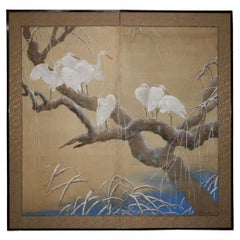 Japanese Two-Panel Screen with Snow Cranes on a Willow Tree, 19th C
