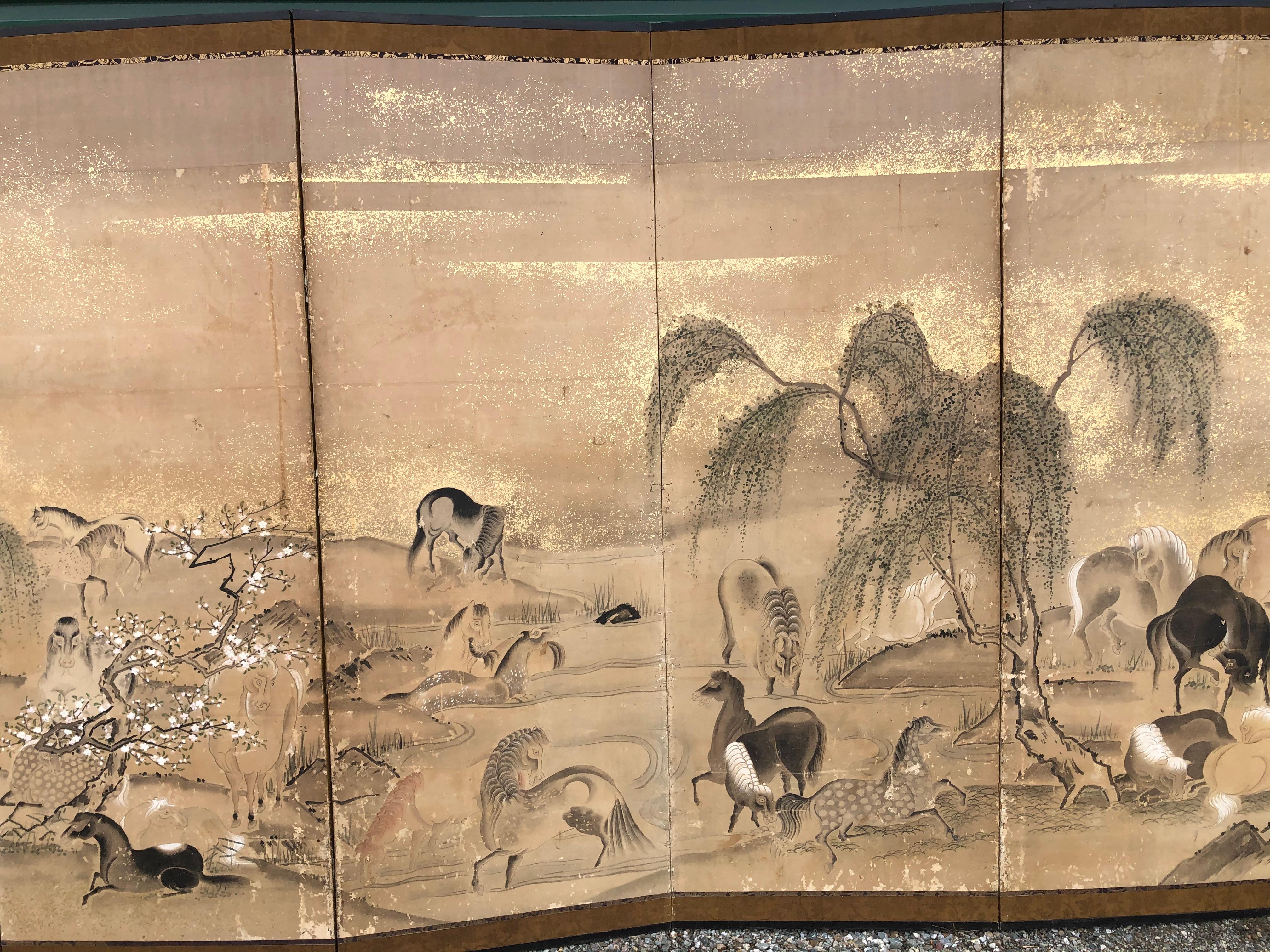 Hand-Painted Japanese 20 Horses Fine Antique Six-Panel Screen, Edo Period, 19th Century