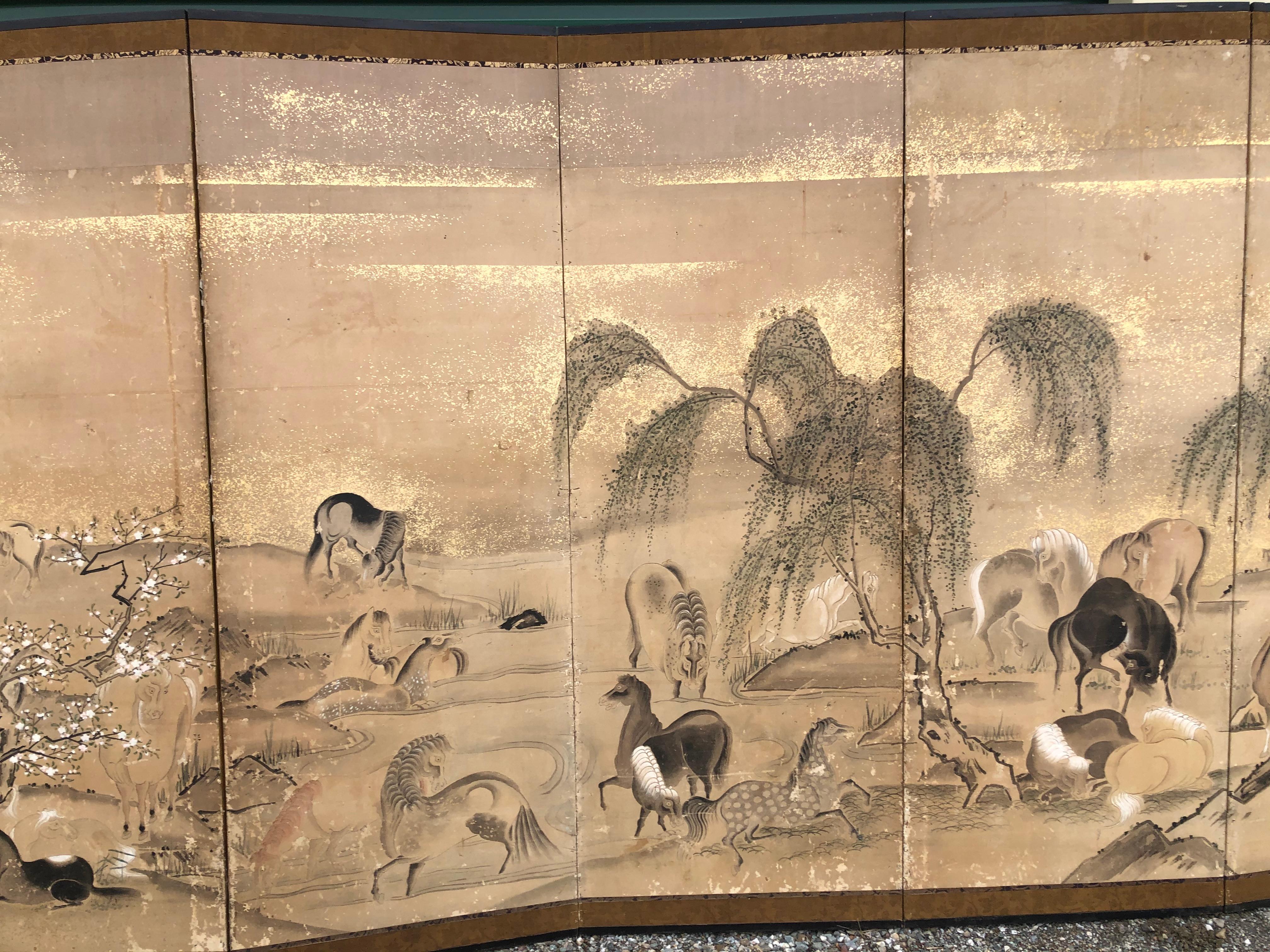 Japanese 20 Horses Fine Antique Six-Panel Screen, Edo Period, 19th Century In Good Condition In South Burlington, VT