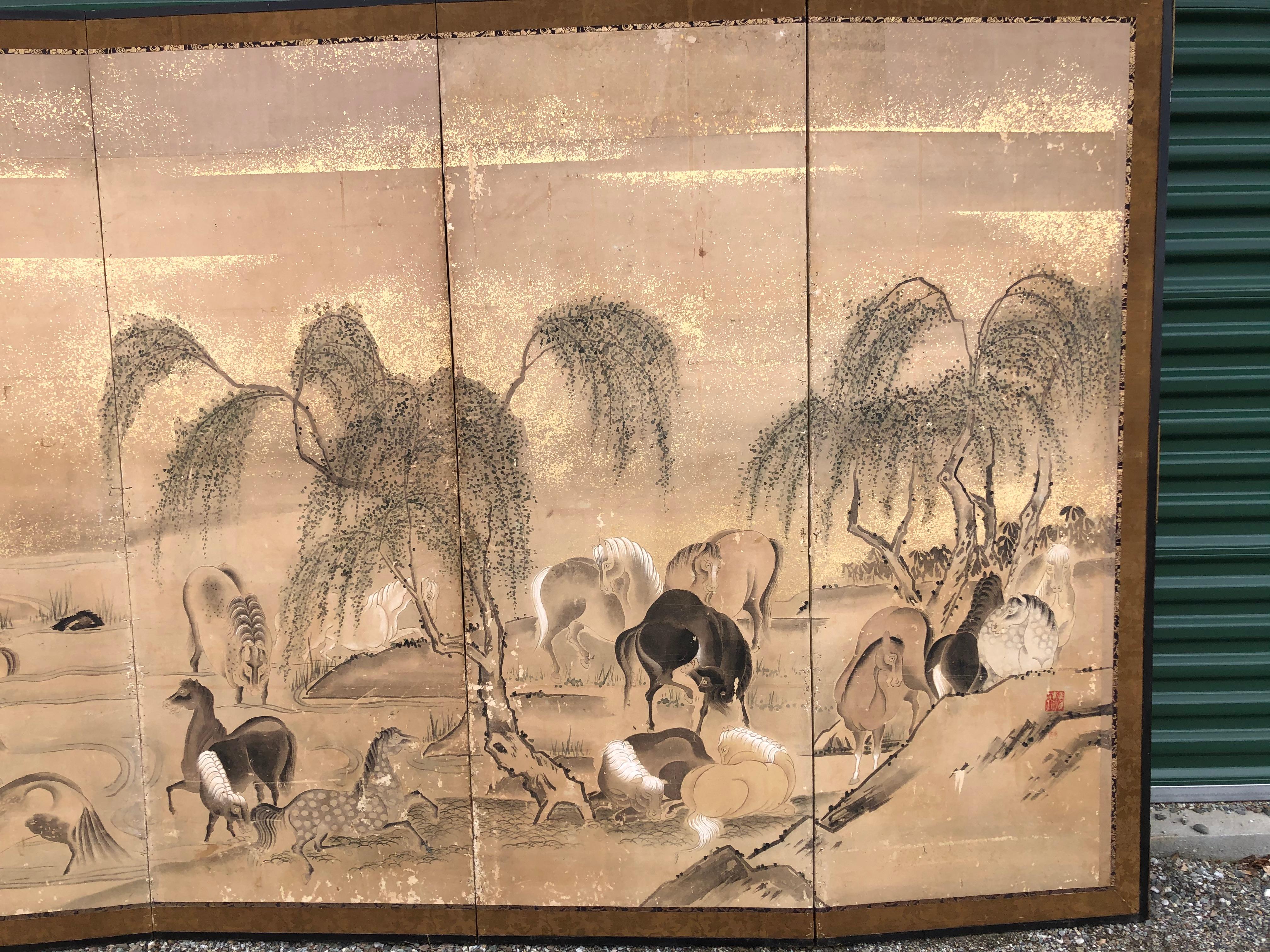Paper Japanese 20 Horses Fine Antique Six-Panel Screen, Edo Period, 19th Century