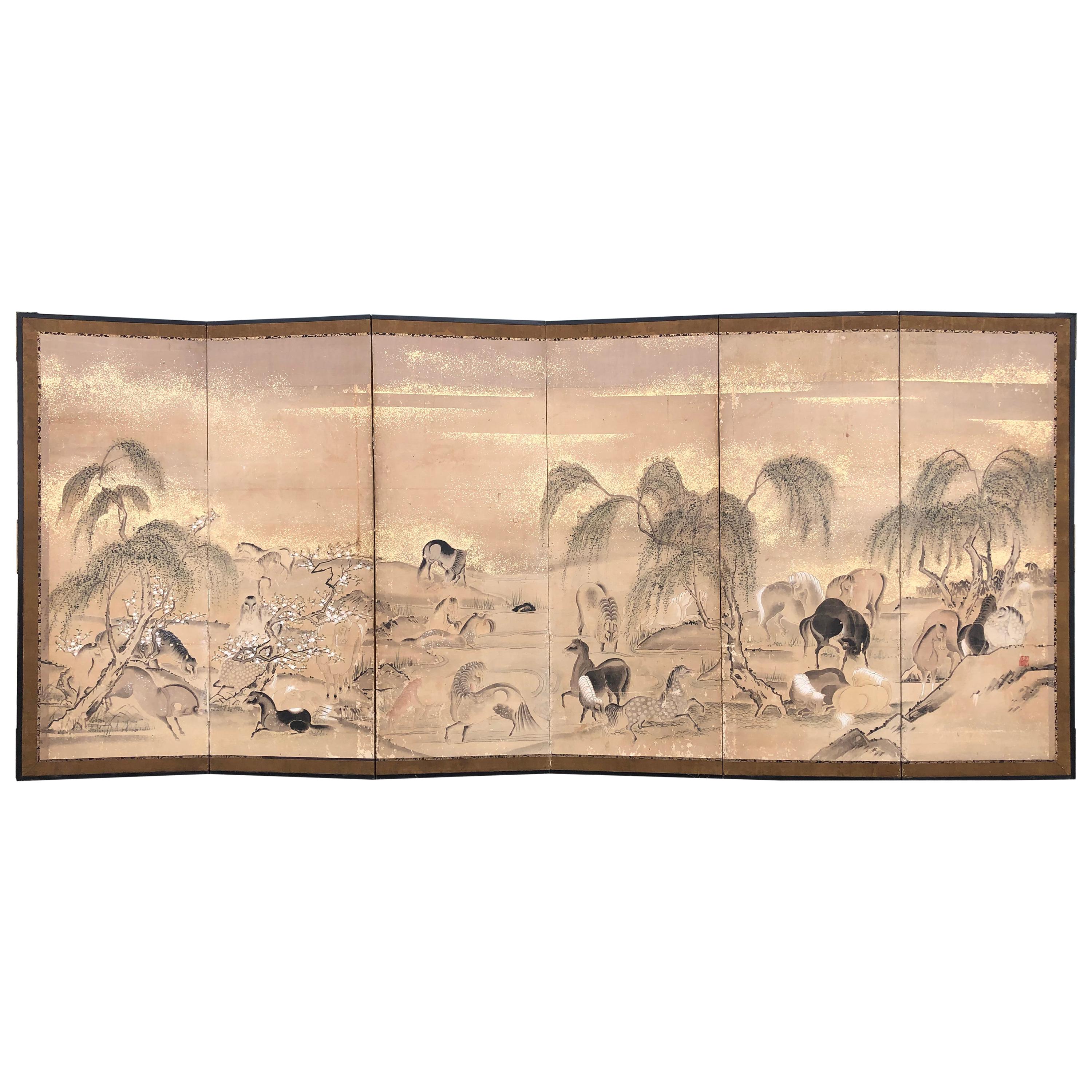 Japanese 20 Horses Fine Antique Six-Panel Screen, Edo Period, 19th Century
