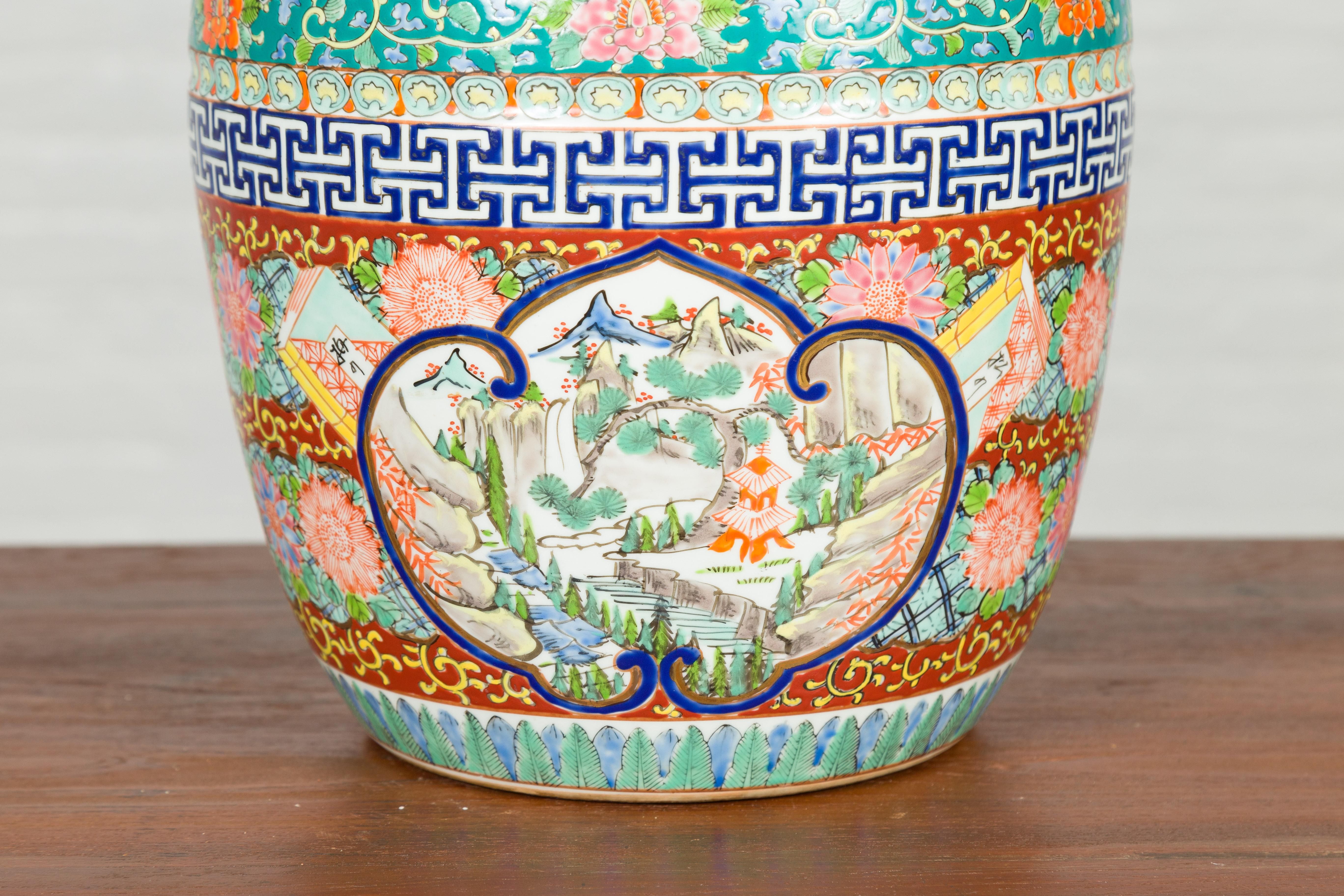 Japanese 20th Century Multi-Color Hibachi Planter with Landscape Scene 1