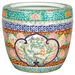 Japanese 20th Century Multi-Color Hibachi Planter with Landscape Scene
