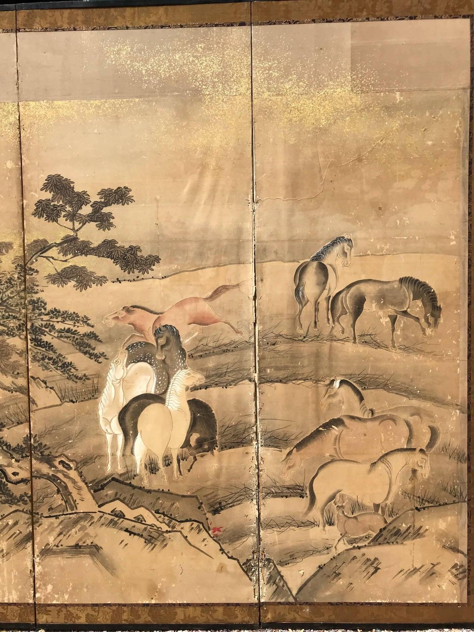 Japanese 22 Horses Fine Antique Six-Panel Screen, Edo Period, 19th Century 4