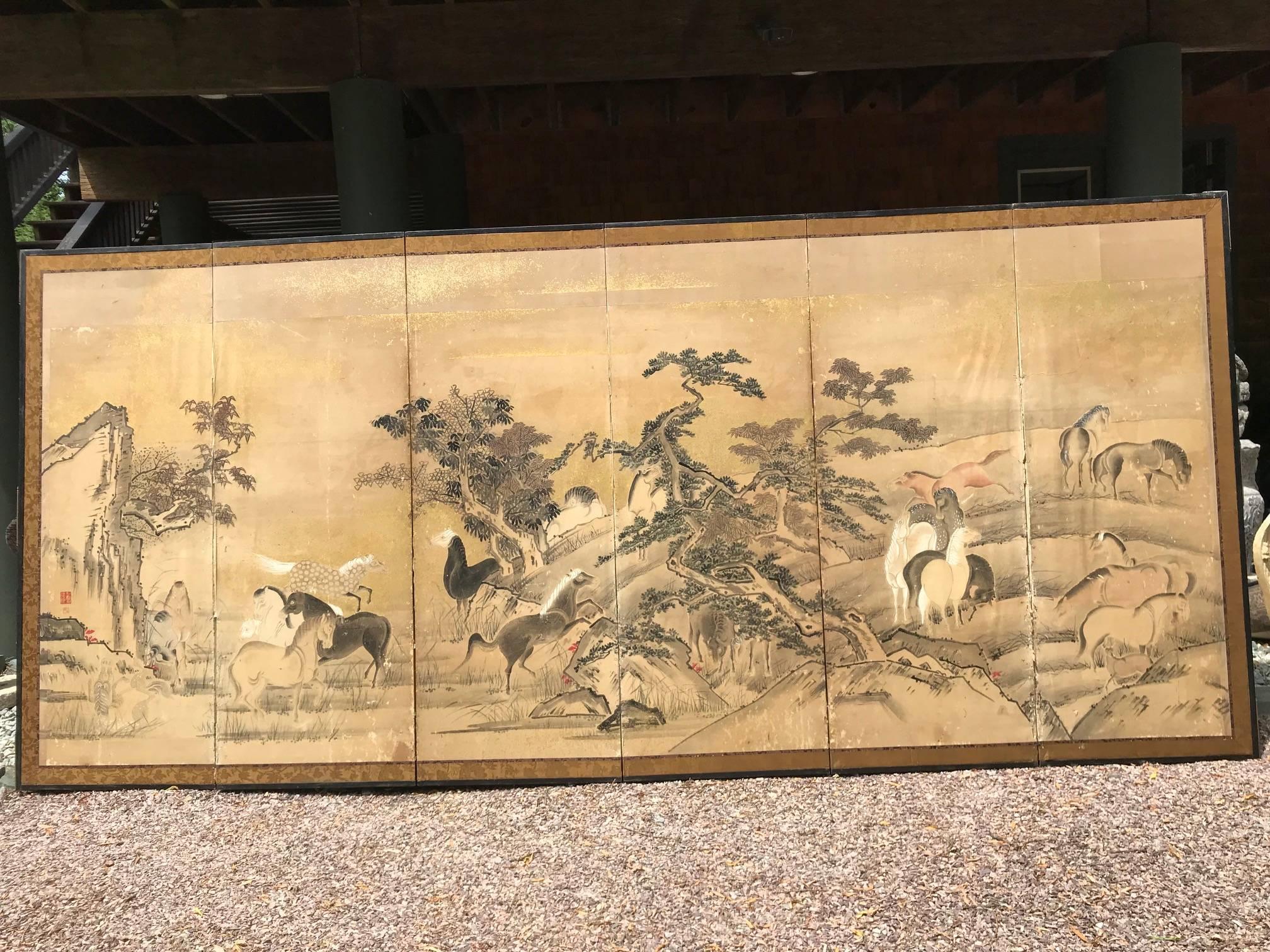 Japanese 22 Horses Fine Antique Six-Panel Screen, Edo Period, 19th Century 14