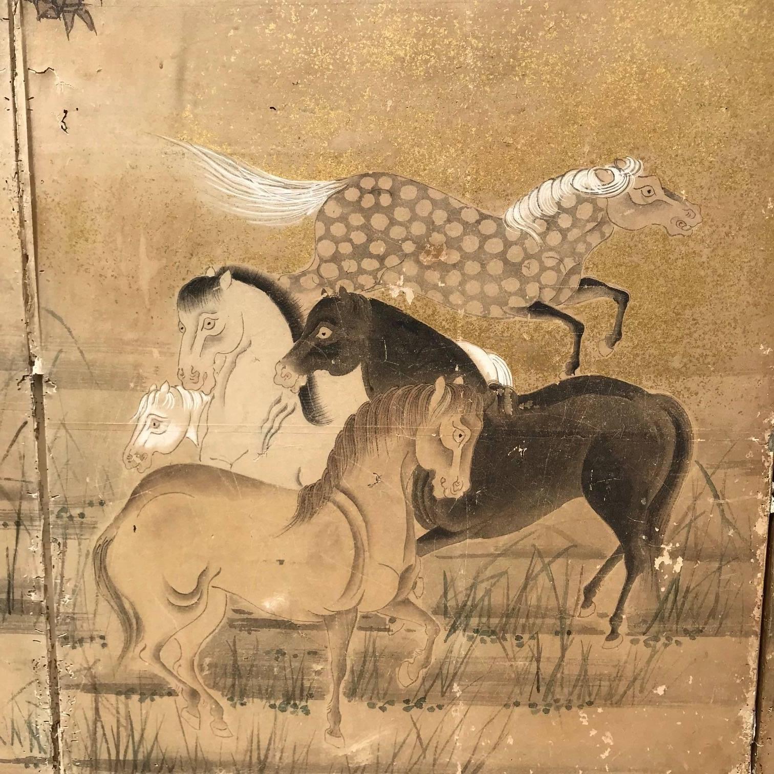 Hand-Painted Japanese 22 Horses Fine Antique Six-Panel Screen, Edo Period, 19th Century