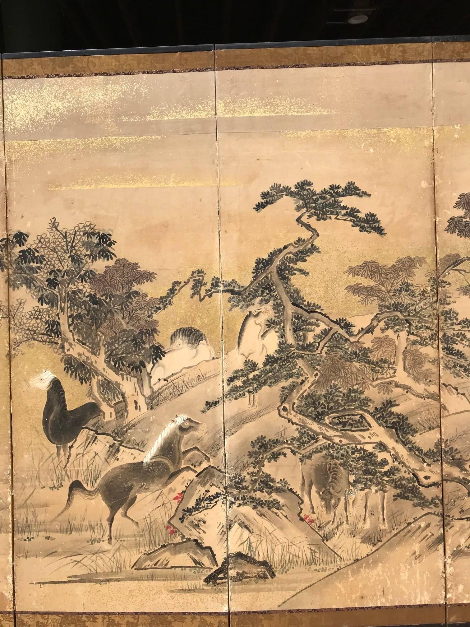 Japanese 22 Horses Fine Antique Six-Panel Screen, Edo Period, 19th Century 1