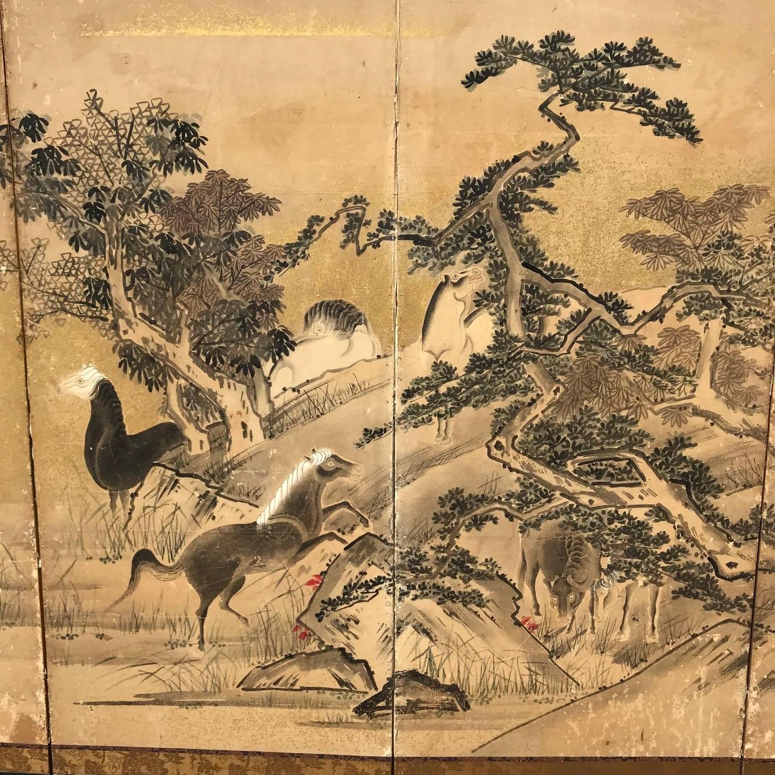 Japanese 22 Horses Fine Antique Six-Panel Screen, Edo Period, 19th Century 2