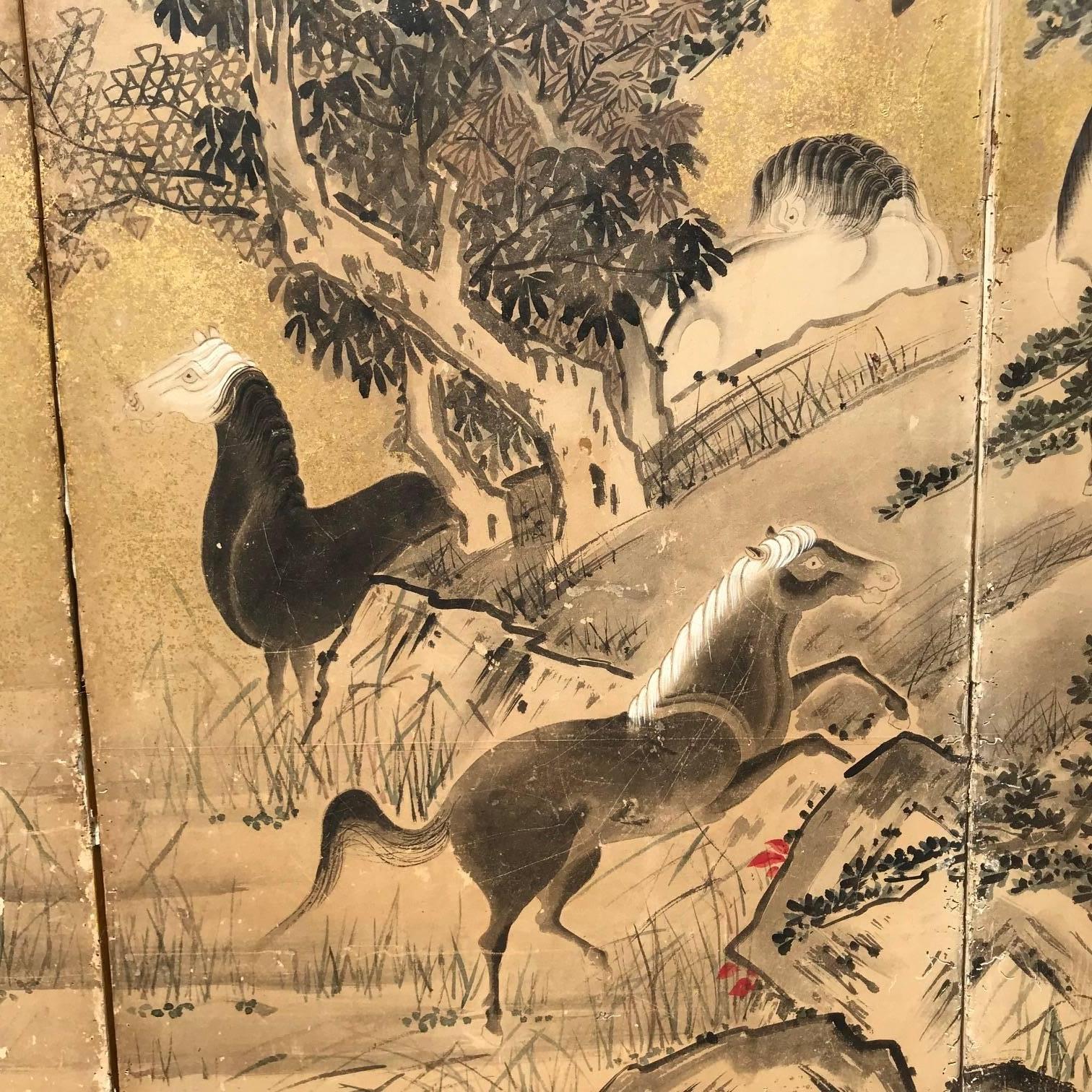 Japanese 22 Horses Fine Antique Six-Panel Screen, Edo Period, 19th Century 3
