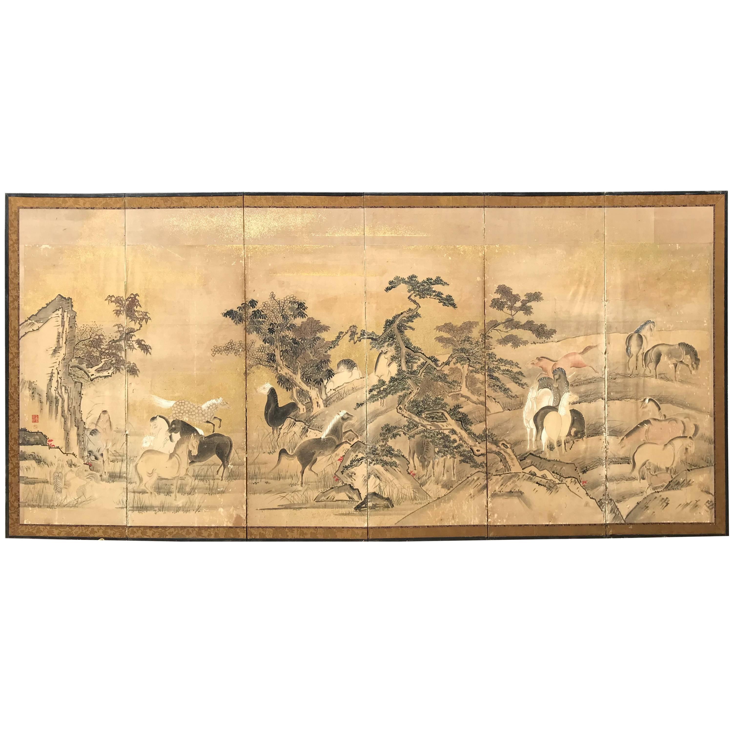 Japanese 22 Horses Fine Antique Six-Panel Screen, Edo Period, 19th Century