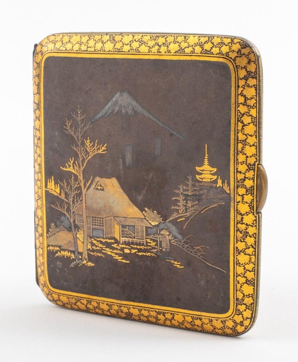 Japanese 24K Yellow Gold and Silver Overlay Cigarette Case, decoration depicting a village landscape scene with Mount Fuji in the distance within an ivy vine border, three birds to the reverse and monogrammed to the interior, maker's mark and 