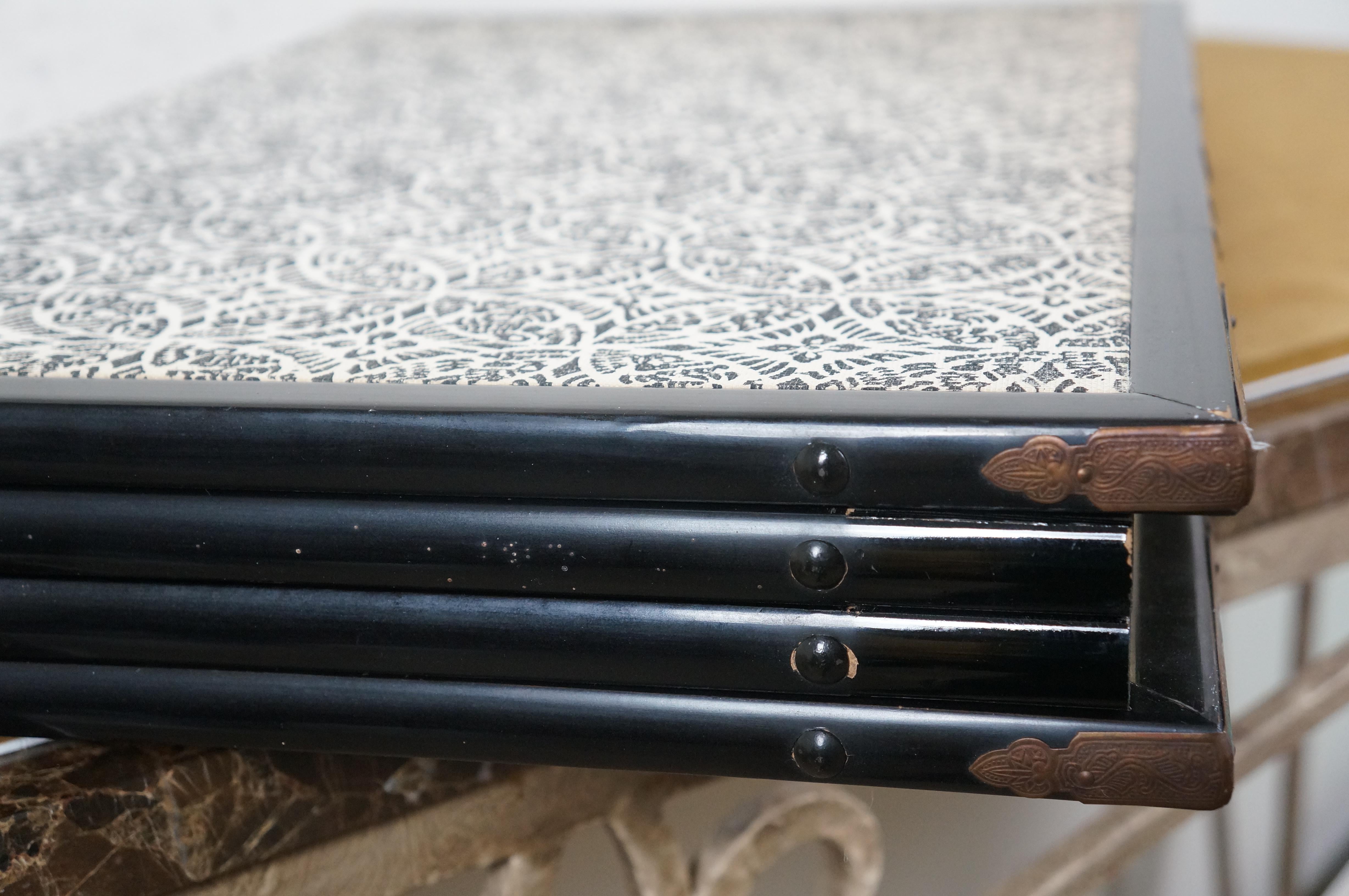 Japanese 4 Panel Black Lacquer Silk Mountain Landscape Folding Screen Byobu 60