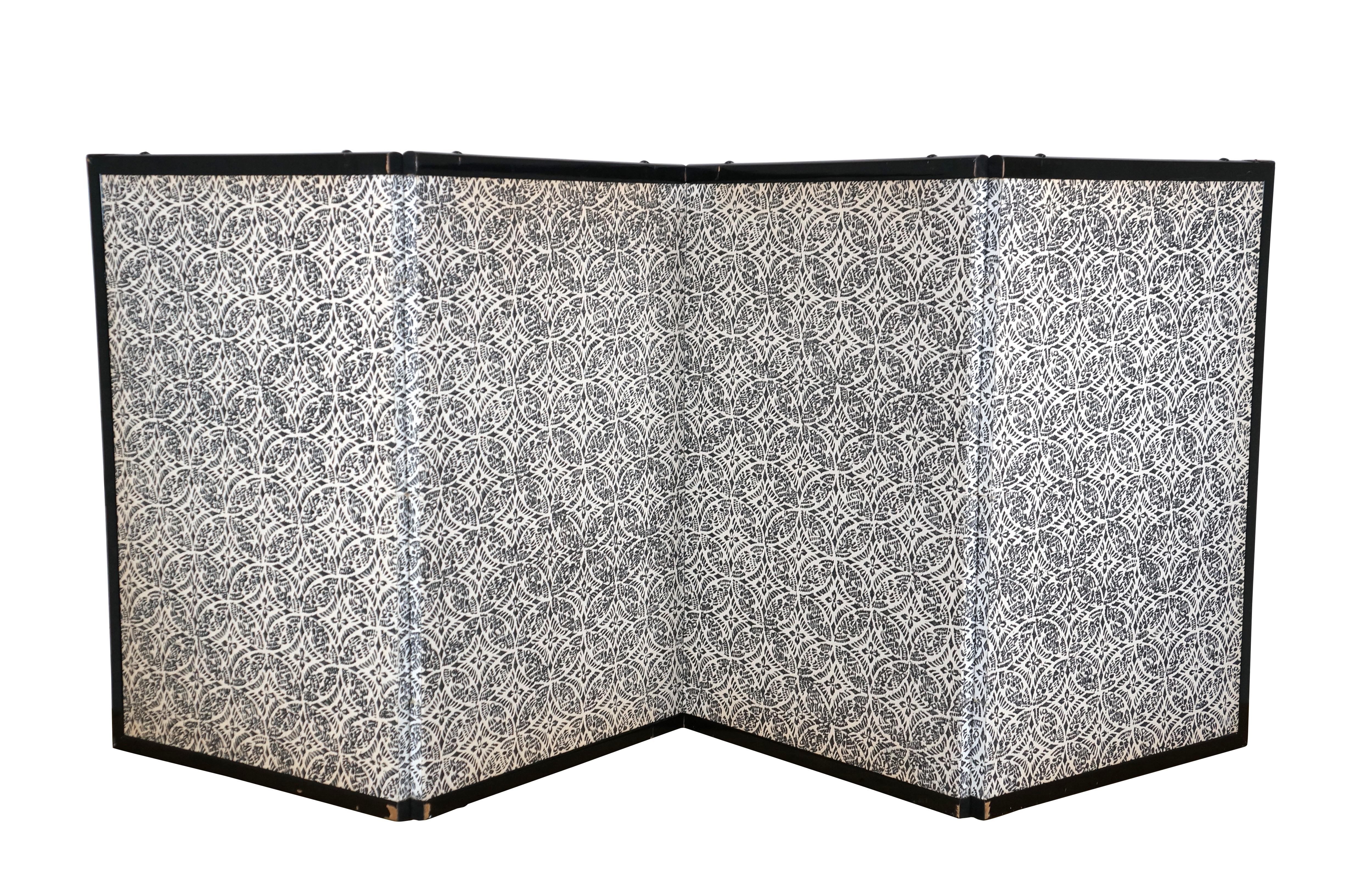 Meiji Japanese 4 Panel Black Lacquer Silk Mountain Landscape Folding Screen Byobu 60
