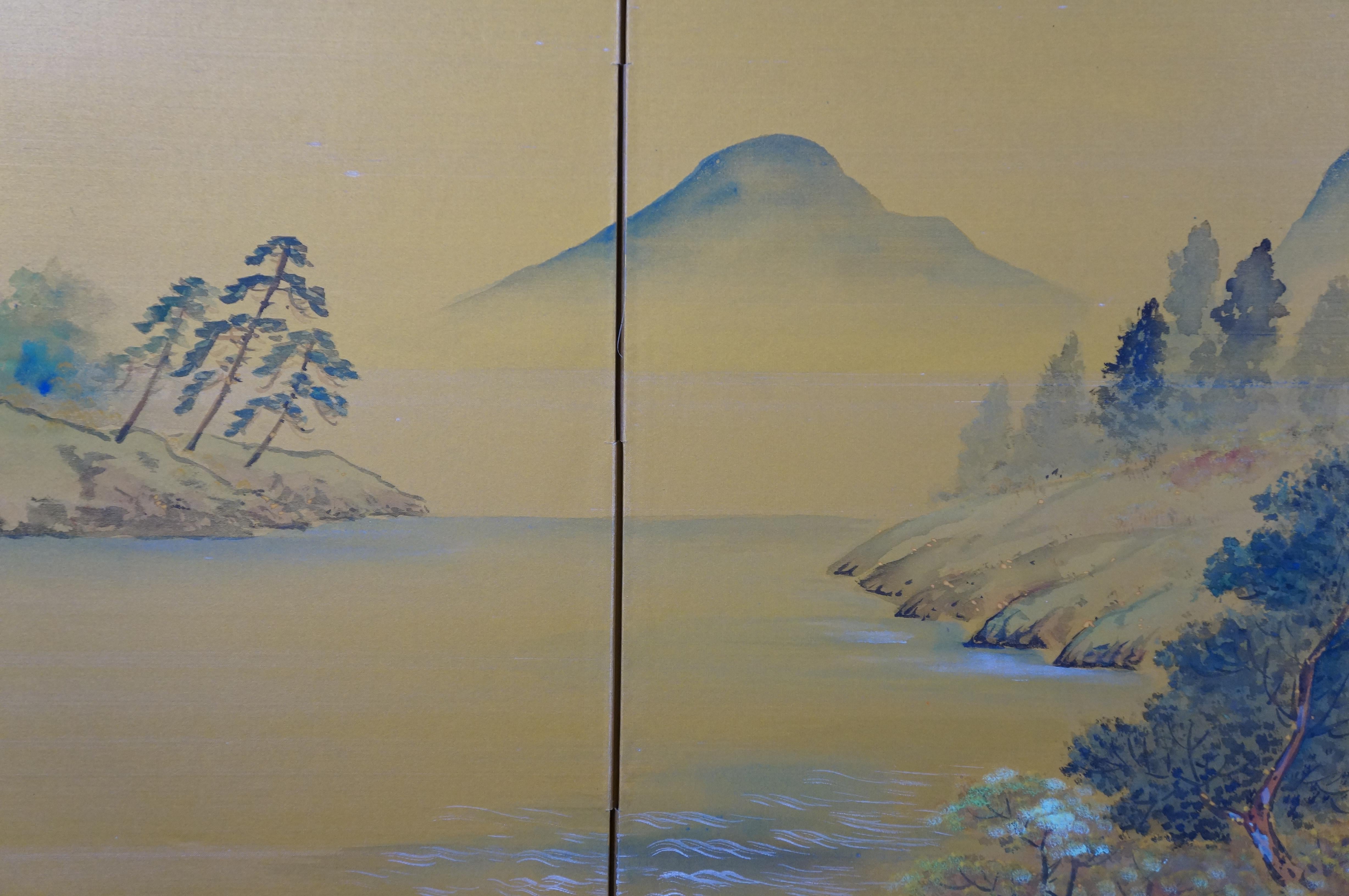 Japanese 4 Panel Black Lacquer Silk Mountain Landscape Folding Screen Byobu 60