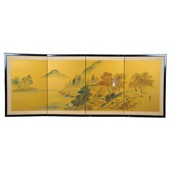 Japanese 4 Panel Black Lacquer Silk Mountain Landscape Folding Screen Byobu 60"