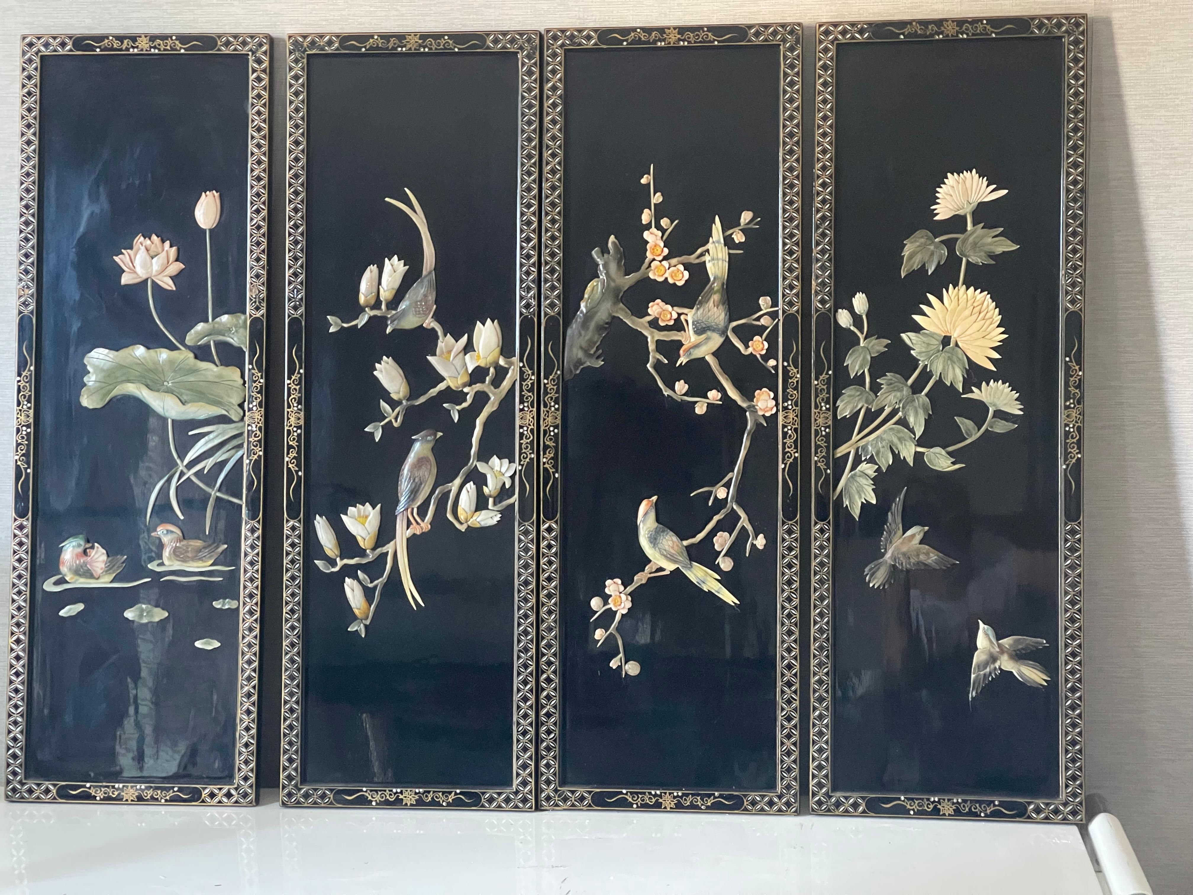Biombo Japonés de 4 Paneles Lacado Negro Chinoiserie en venta