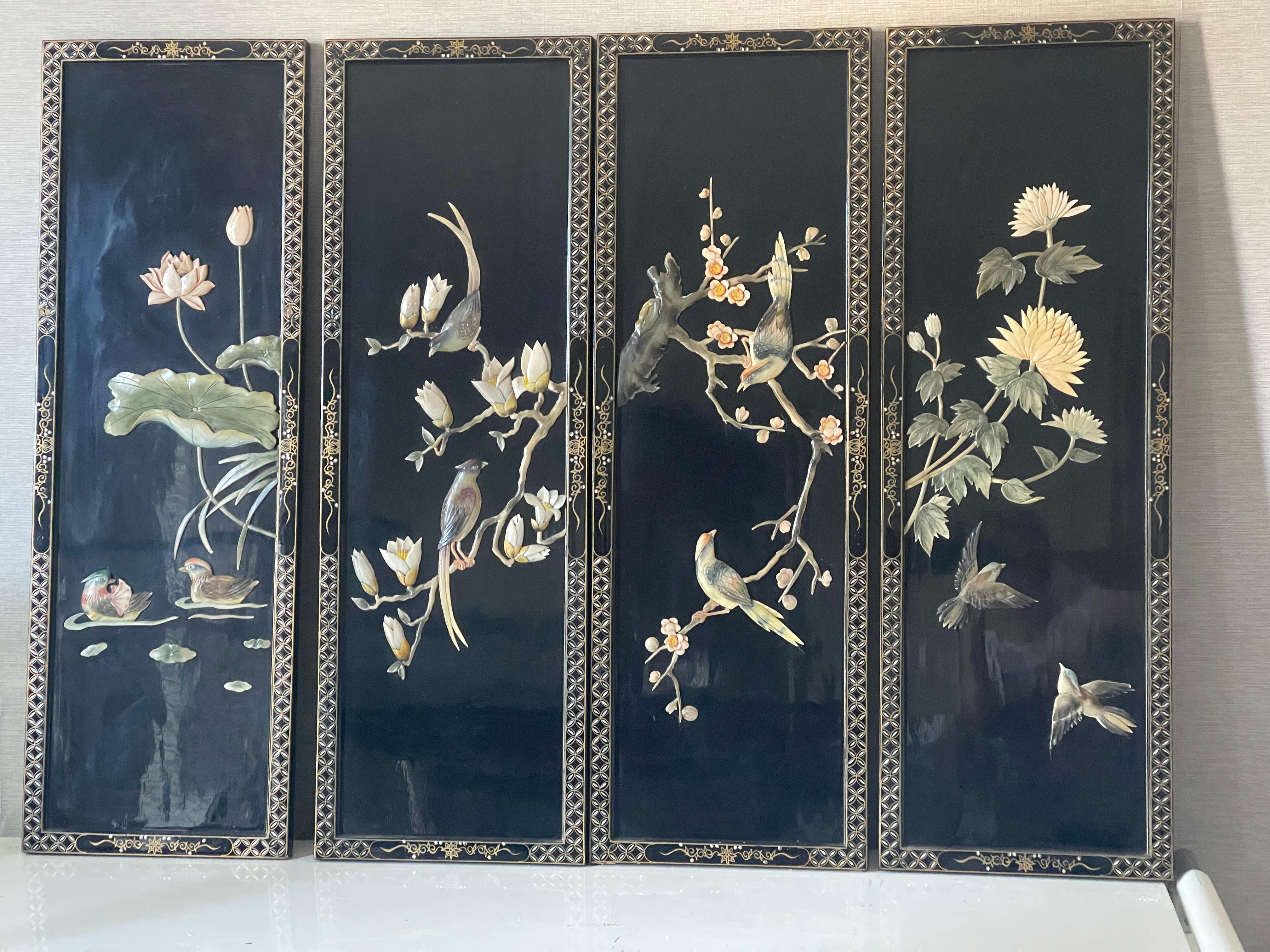 Biombo Japonés de 4 Paneles Lacado Negro Chino en venta