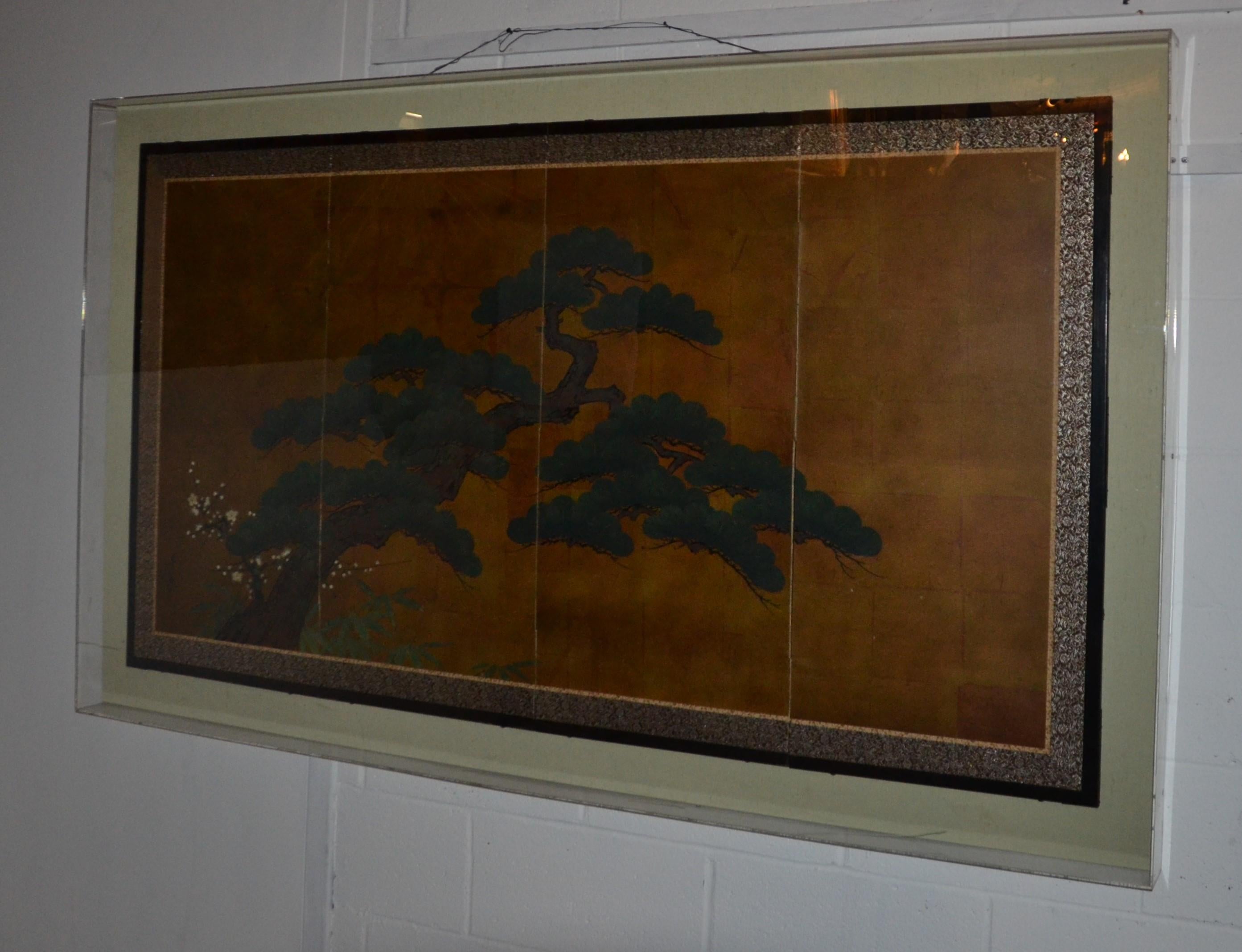 Japanese 4 Panel Gilded and Painted Screen, Framed in Lucite In Good Condition For Sale In Pomona, CA