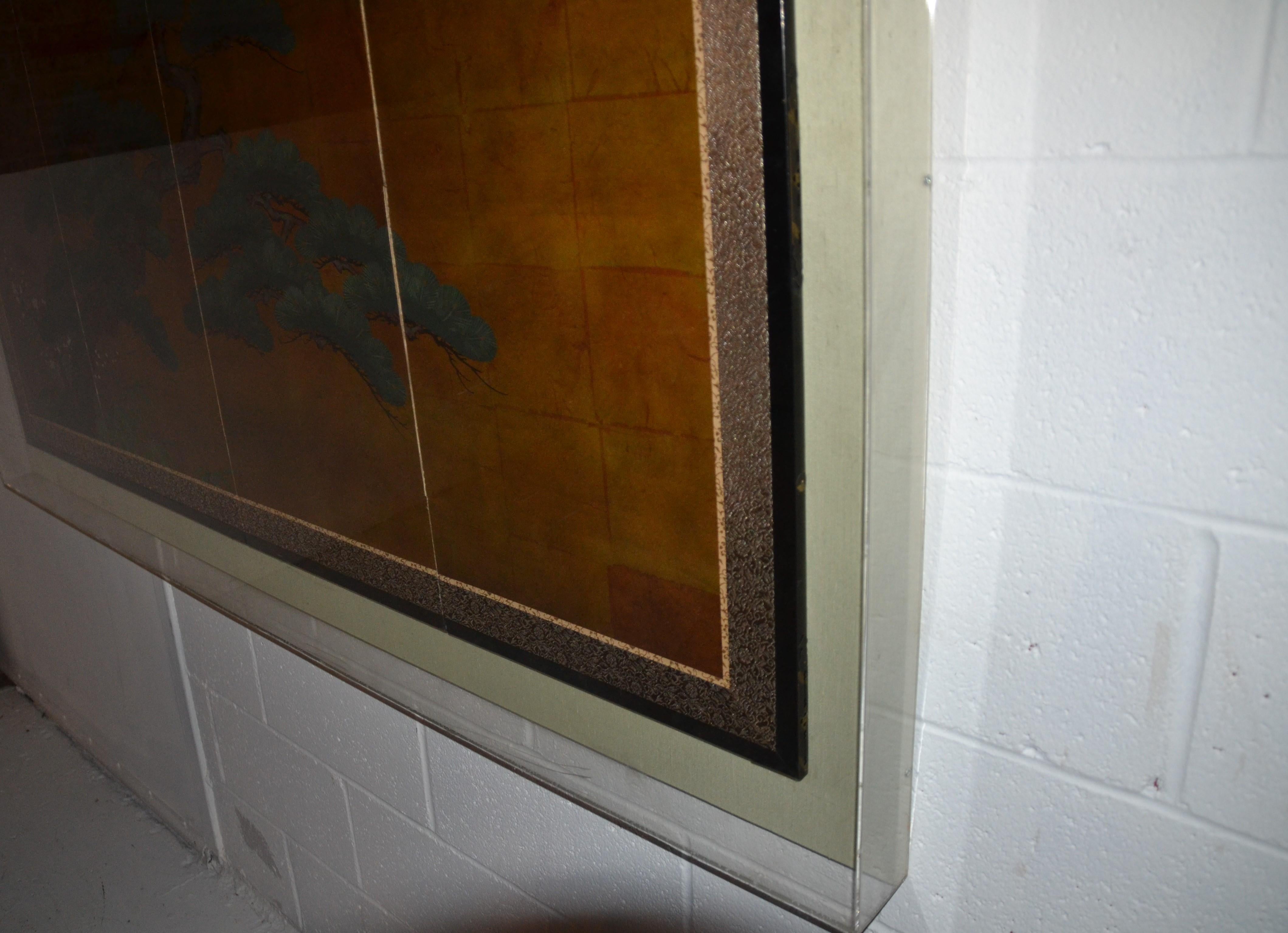 Mid-20th Century Japanese 4 Panel Gilded and Painted Screen, Framed in Lucite For Sale