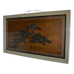 Vintage Japanese 4 Panel Gilded and Painted Screen, Framed in Lucite