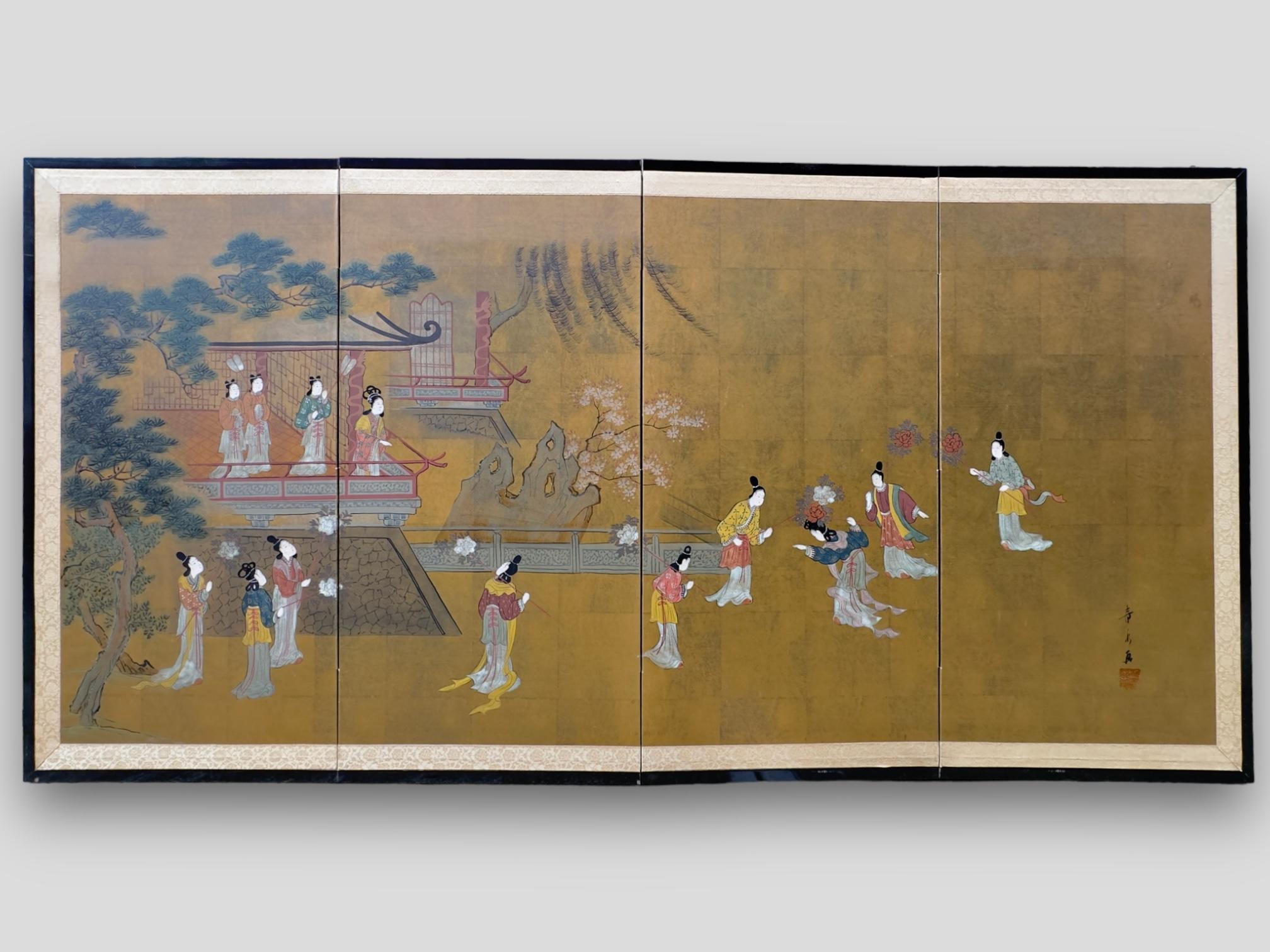 Japanese 4 Panels Court with 13 Ladies in the Garden. Taisho Period (7/30/1912 - 12/25/1926.(Coinciding with the reign of Emperor Taisho). Circa 1920. Painted on Rice Paper. 71
