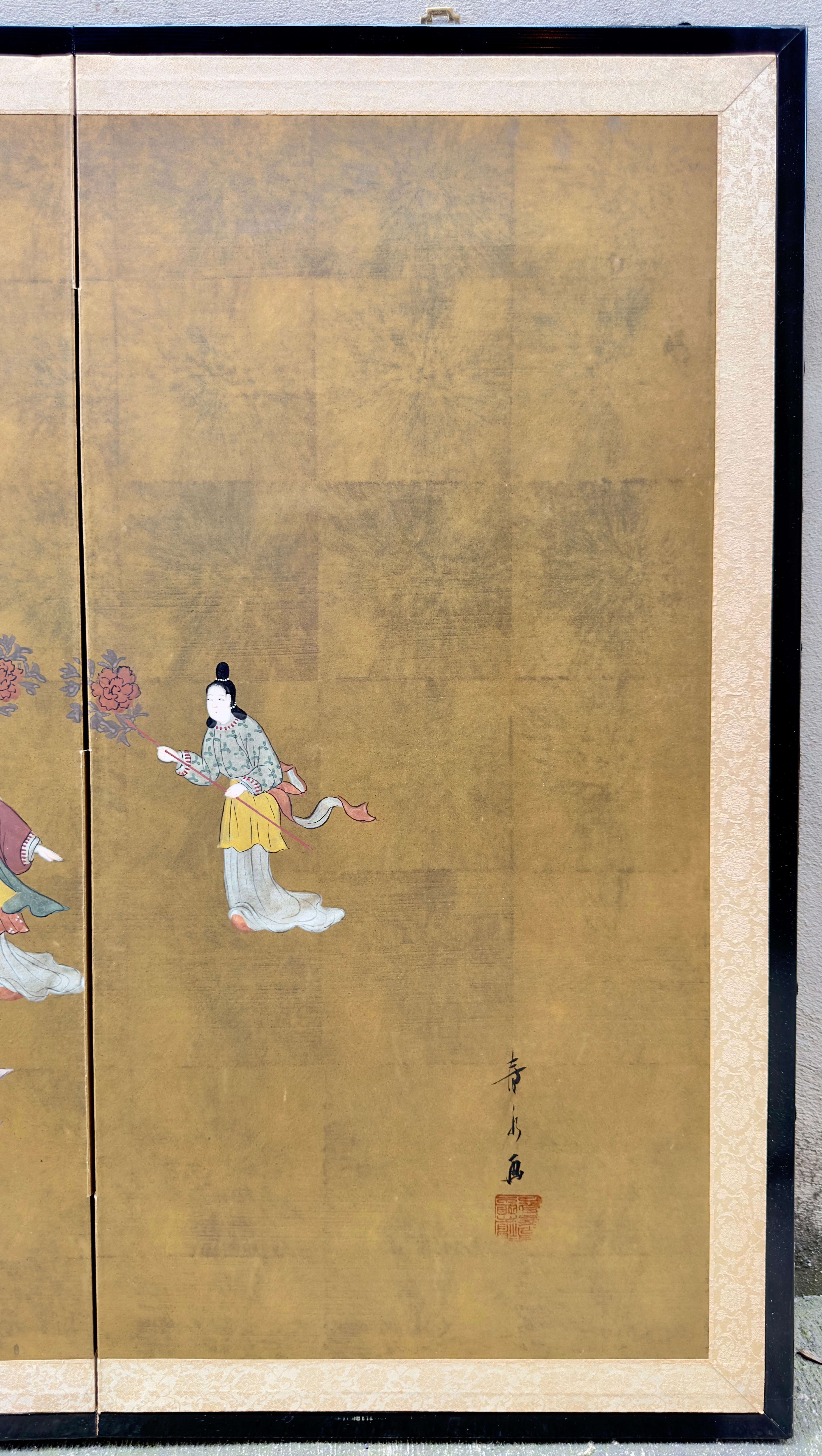 Paper Japanese 4 Panels Court with 13 Ladies in the Garden For Sale