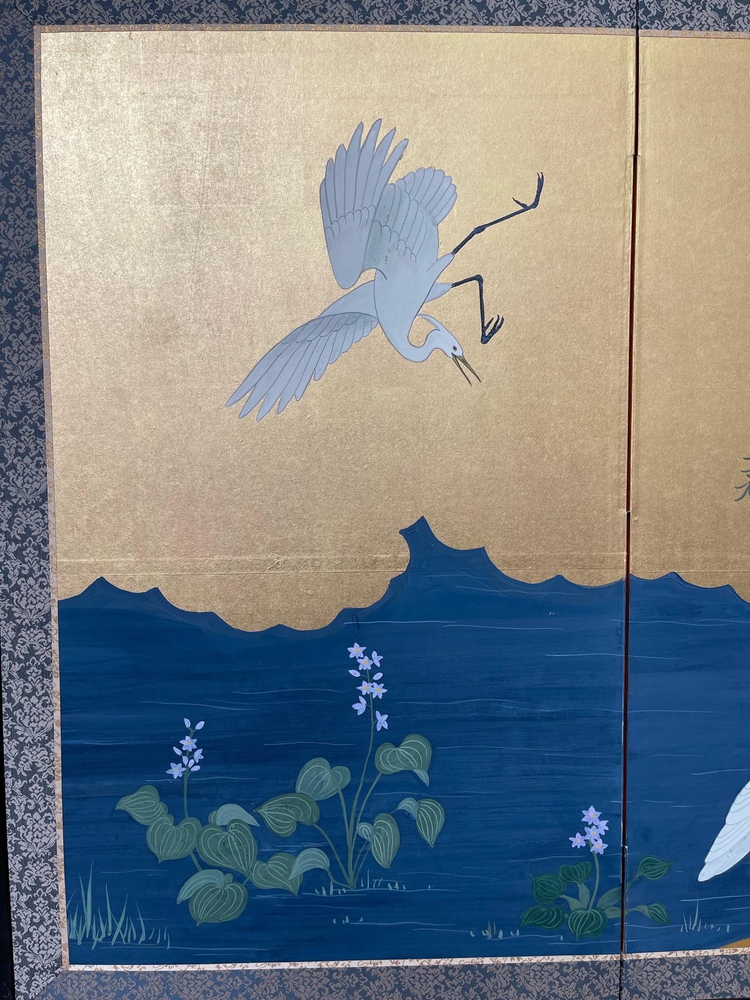  Japanese 4 Panels Screens White Flying Cranes For Sale 6