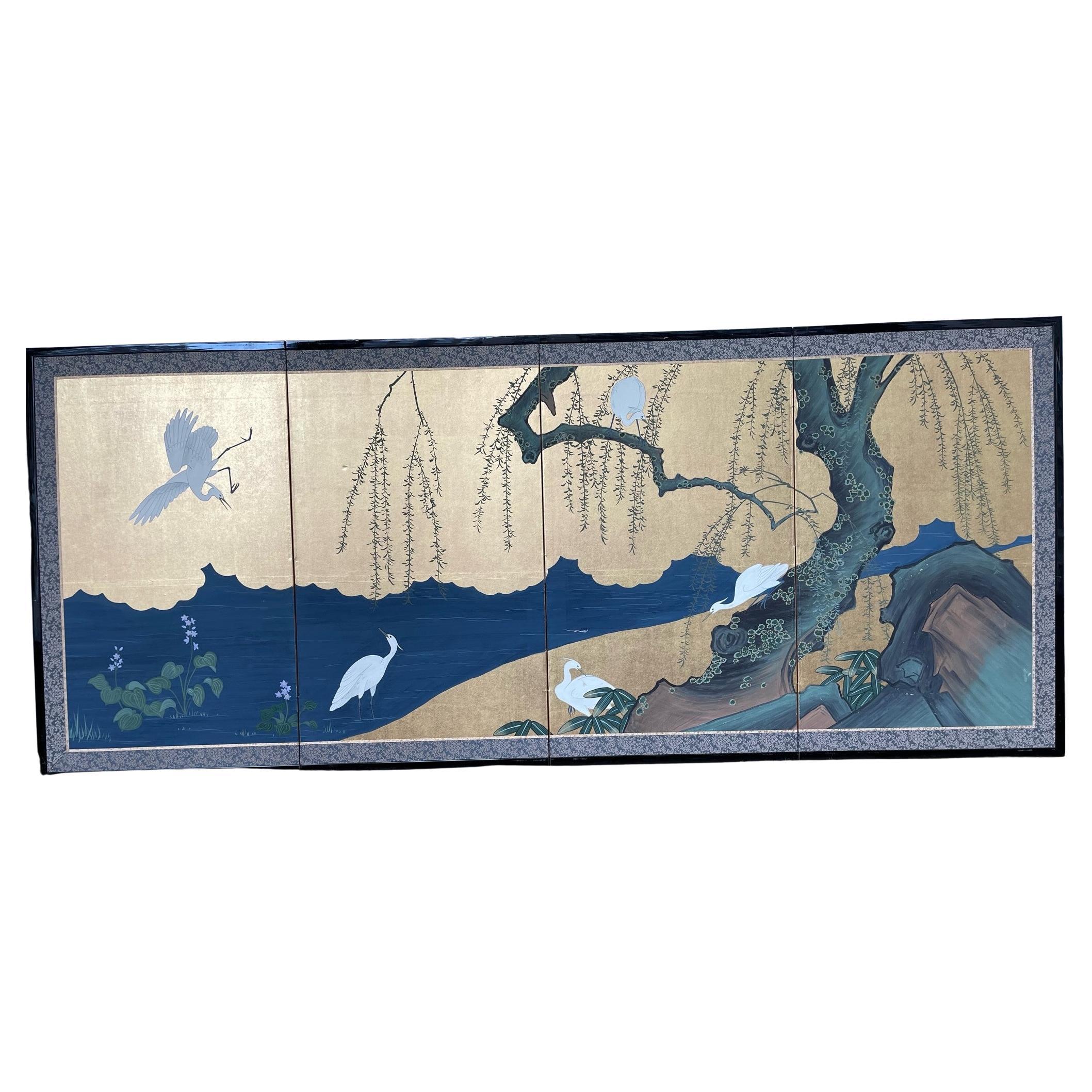  Japanese 4 Panels Screens White Flying Cranes For Sale