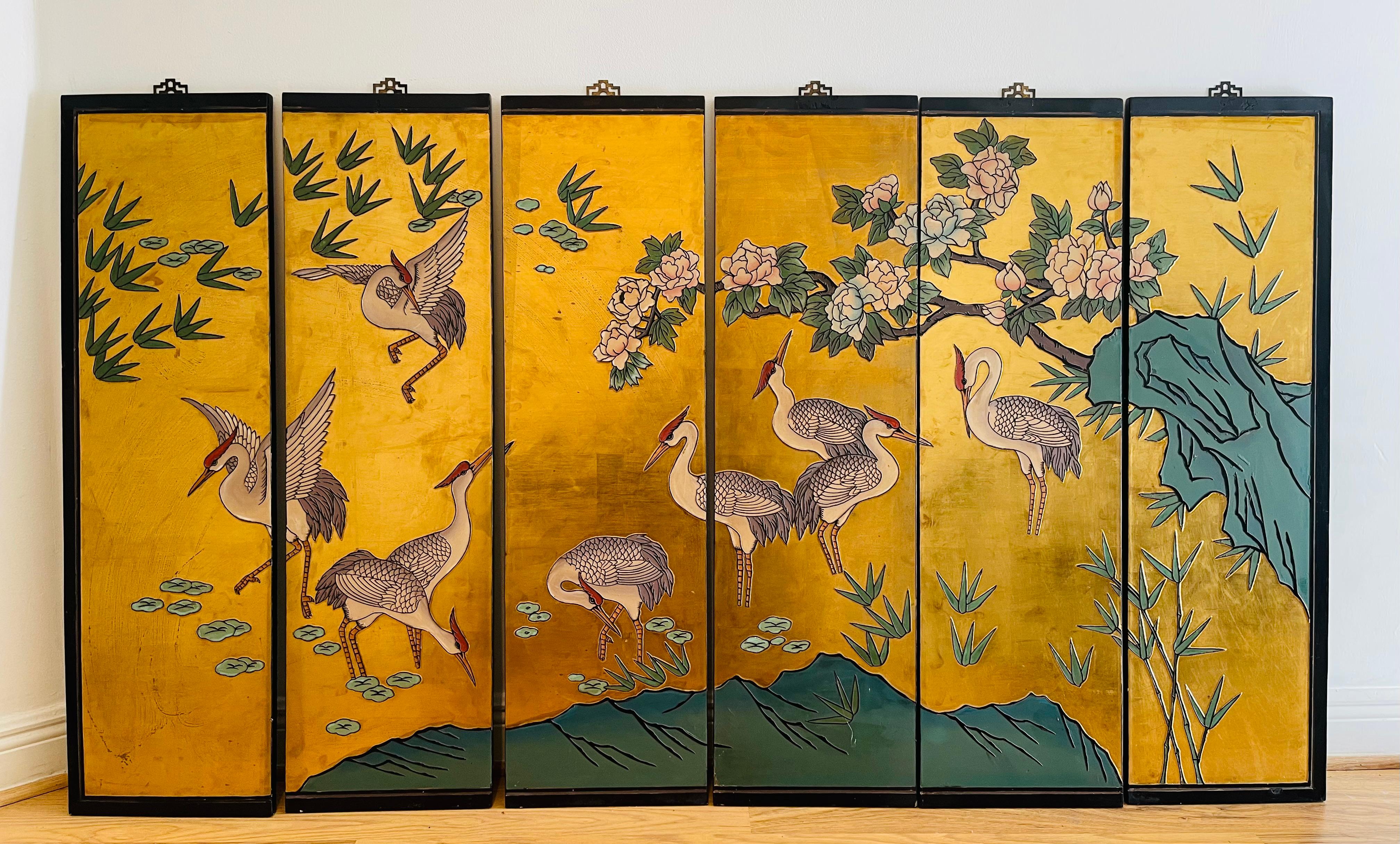 Exceptional Vintage Japanese wall 6 panel acreen gold with cranes in a landscape. Made in 3 d relief dimensions style. Great condition.
