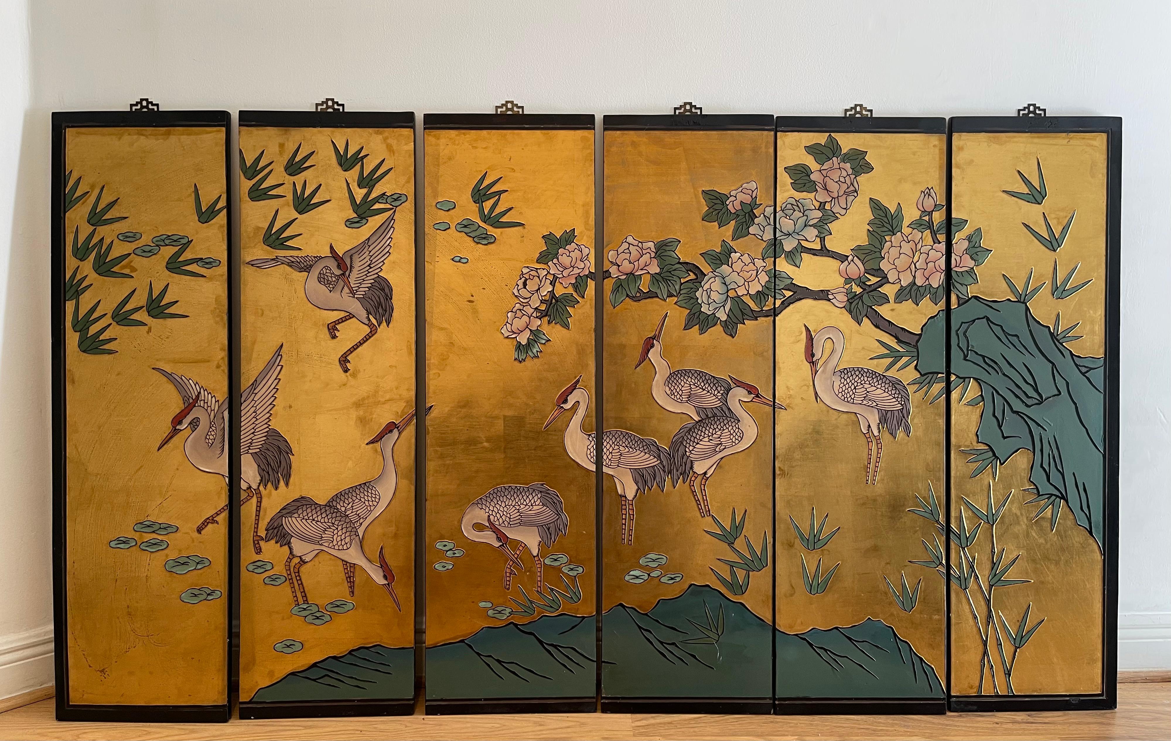 Japonisme Japanese 6 Panel Gold Screen With Cranes For Sale